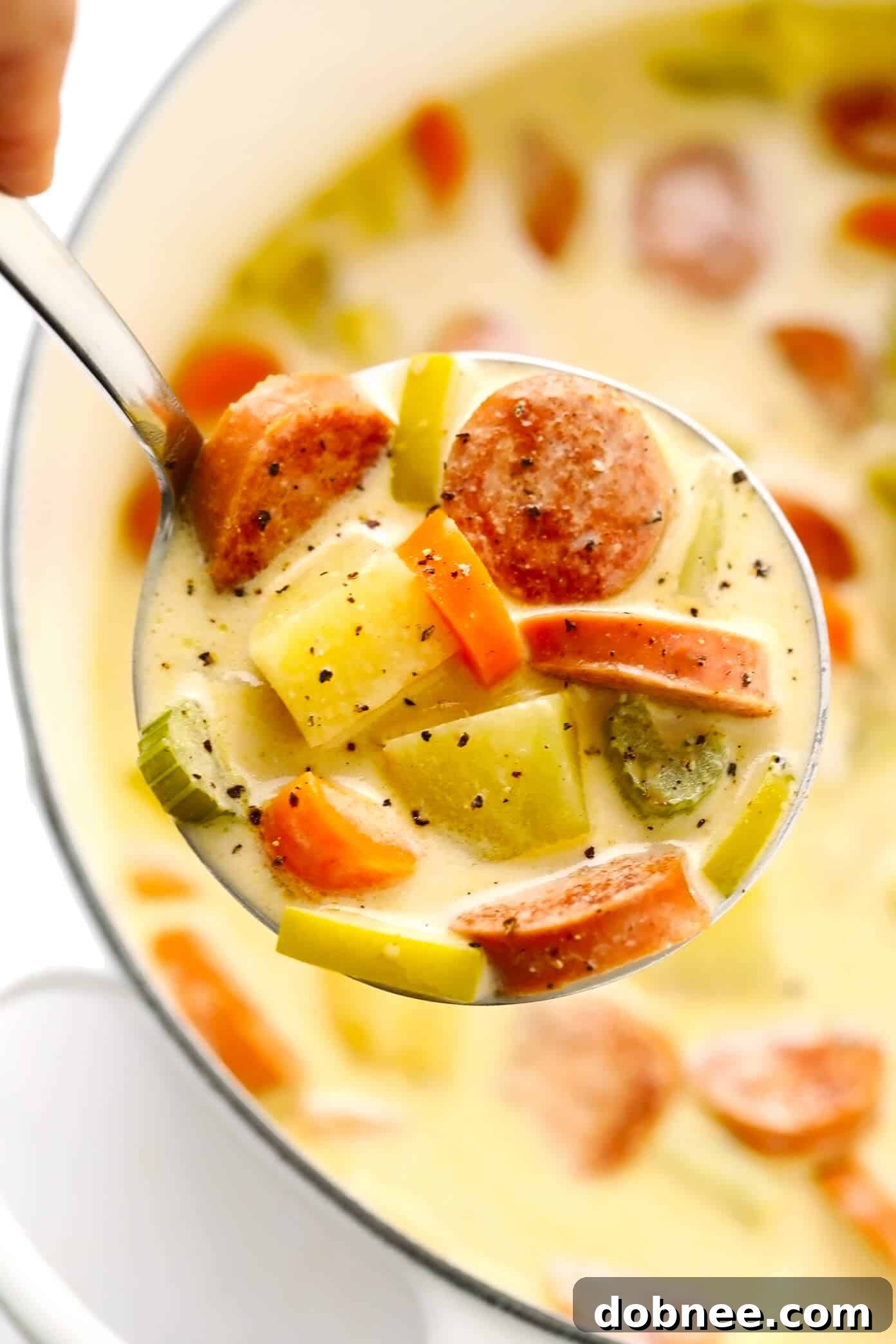 Close-up of Smoked Sausage, Apple, and Potato Soup in a ladle, highlighting creamy texture
