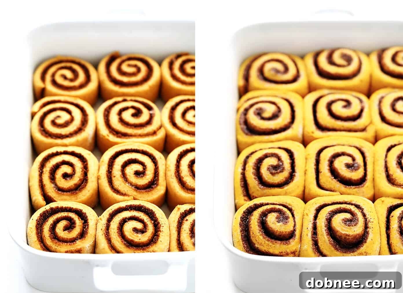 Pumpkin Cinnamon Roll Dough Before and After Baking in the Pan