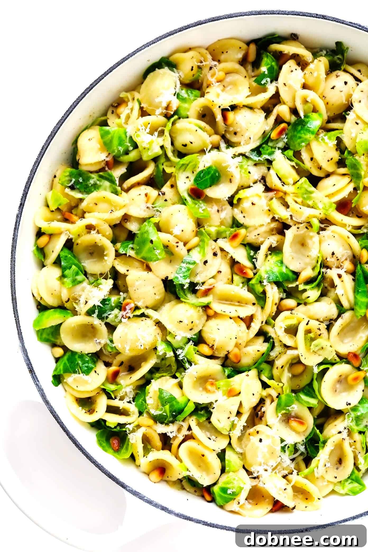 Brussels Sprouts Parmesan Pasta with Pine Nuts in a Sauté Pan