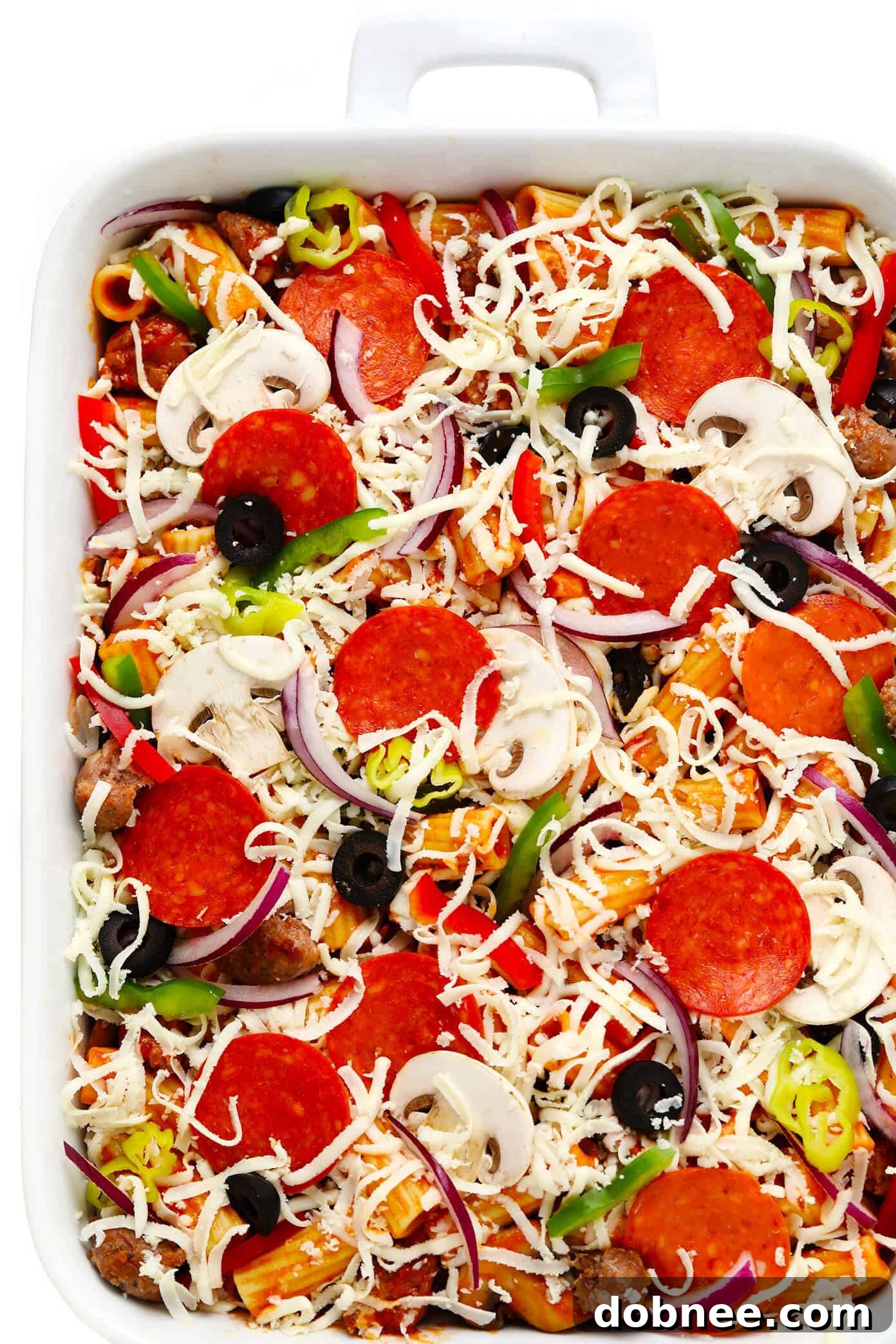 Pizza Baked Ziti Ingredients In Pan Before Baking