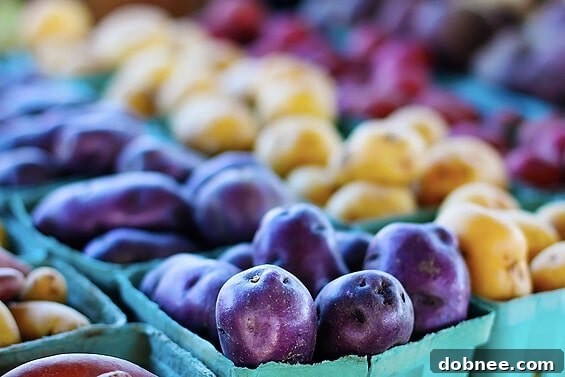 An array of colorful heirloom potatoes, showcasing various sizes, shapes, and textures