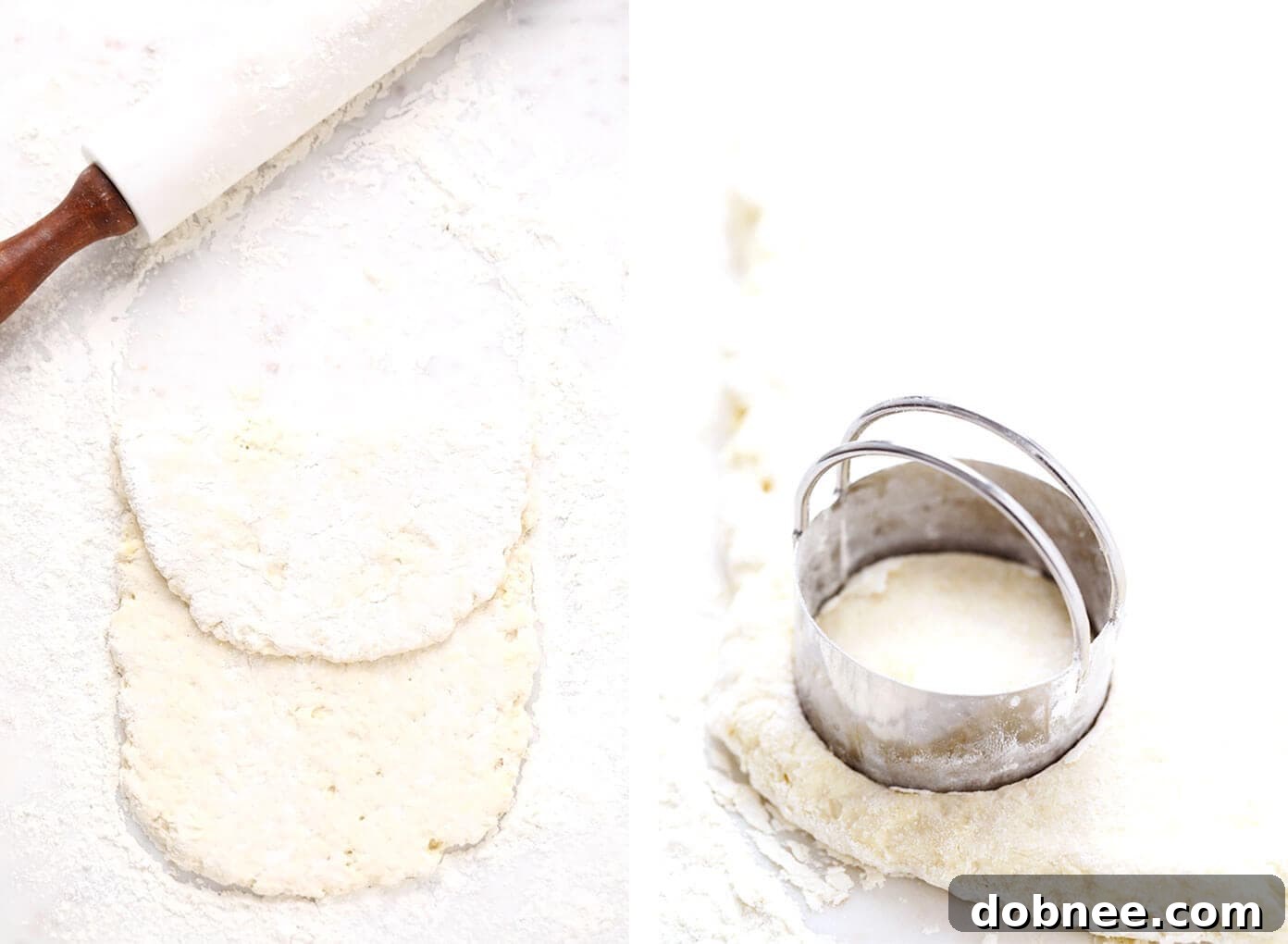 My favorite homemade buttermilk biscuit recipe -- easy to make, perfectly soft and tall and flaky, and always SO buttery and delicious. Serve them for breakfast with jam or gravy, as a side dish for lunch or dinner, or as a topping for chicken pot pie or your favorite casserole! Learn the secrets to truly flaky and tender biscuits here. | gimmesomeoven.com #biscuit #roll #bread #recipe #buttermilk #breakfast #brunch #side #vegetarian #baking Rolling out buttermilk biscuit dough and cutting with a biscuit cutter for homemade flaky biscuits