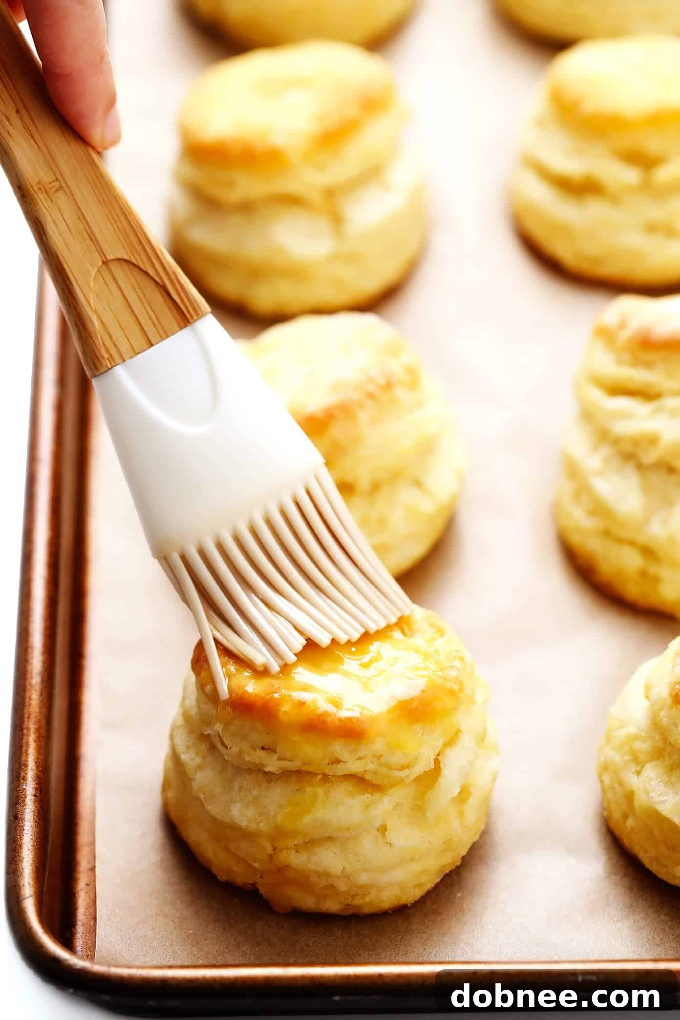 My favorite homemade buttermilk biscuit recipe -- easy to make, perfectly soft and tall and flaky, and always SO buttery and delicious. Serve them for breakfast with jam or gravy, as a side dish for lunch or dinner, or as a topping for chicken pot pie or your favorite casserole! A generous brush of melted butter is a must for ultimate flavor. | gimmesomeoven.com #biscuit #roll #bread #recipe #buttermilk #breakfast #brunch #side #vegetarian #baking Brushing melted butter on freshly baked homemade buttermilk biscuits