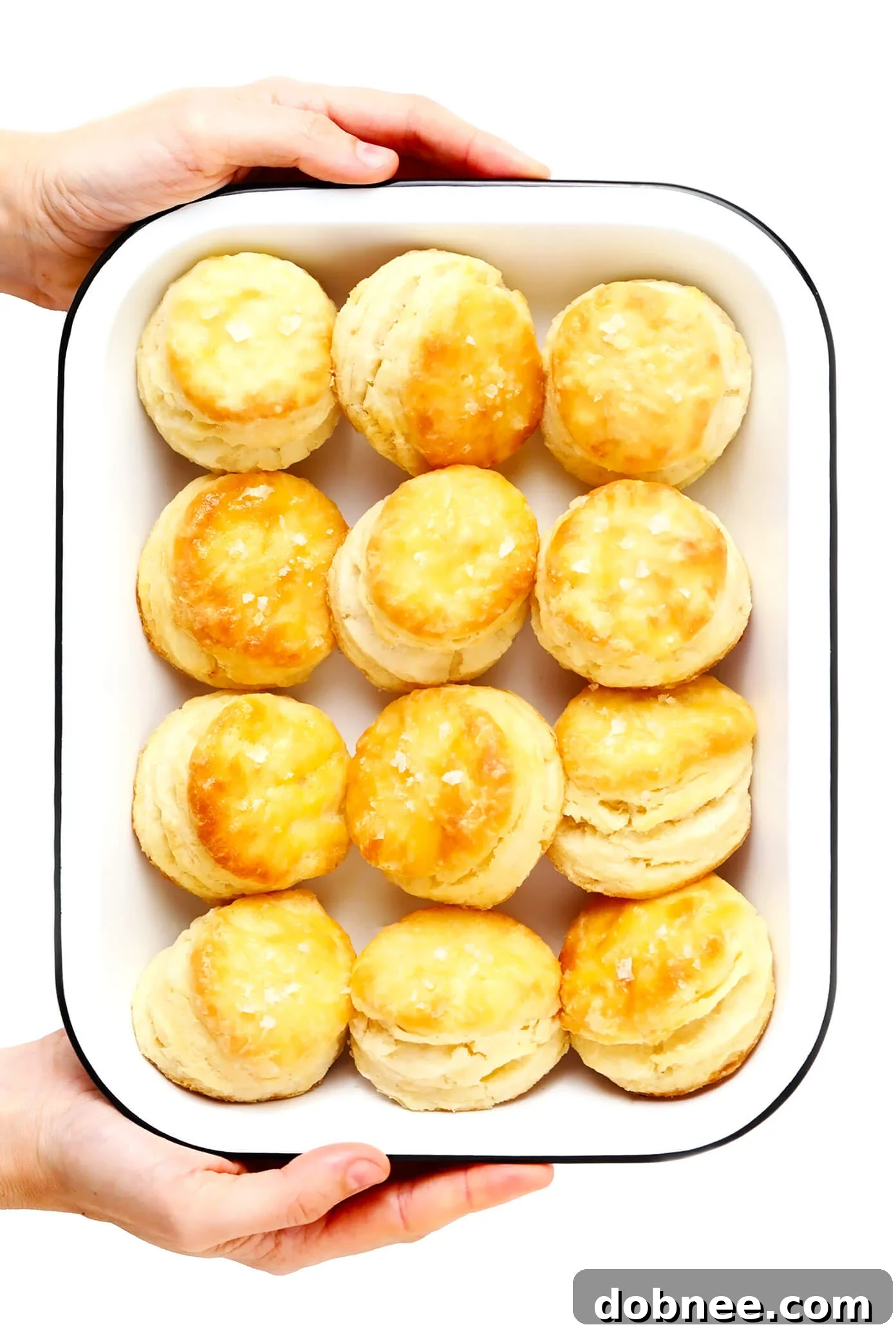 My favorite homemade buttermilk biscuit recipe -- easy to make, perfectly soft and tall and flaky, and always SO buttery and delicious. Serve them for breakfast with jam or gravy, as a side dish for lunch or dinner, or as a topping for chicken pot pie or your favorite casserole! Baking in cast iron ensures a wonderful crust and tender crumb. | gimmesomeoven.com #biscuit #roll #bread #recipe #buttermilk #breakfast #brunch #side #vegetarian #baking Freshly baked homemade buttermilk biscuits in a cast iron pan