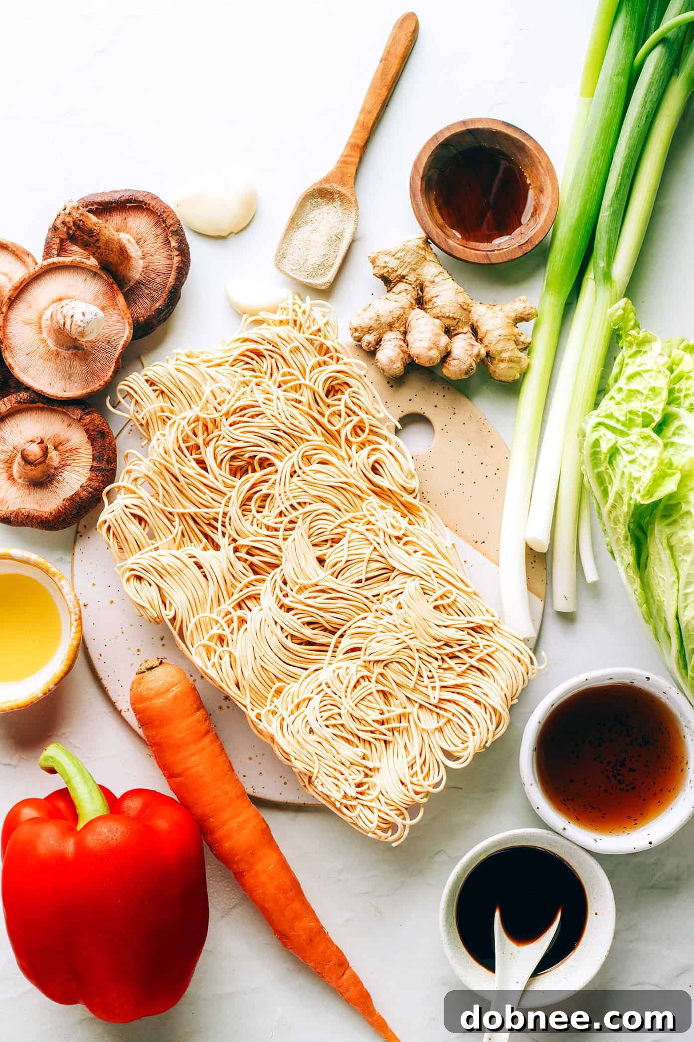 Chow mein ingredients laid out on a kitchen counter, showcasing fresh vegetables, noodles, and sauce components.