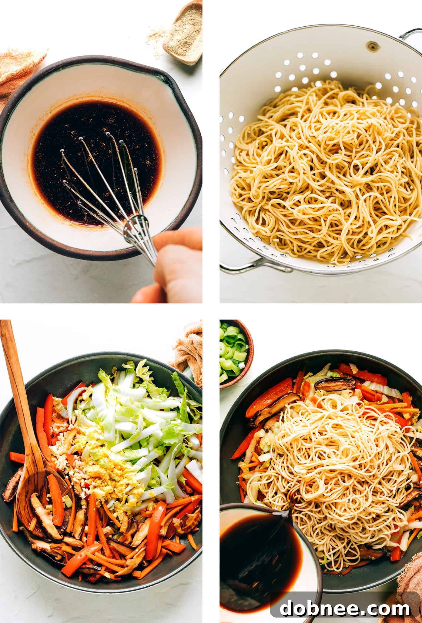 Step-by-step photo tutorial showing how to make chow mein, from prep to stir-fry