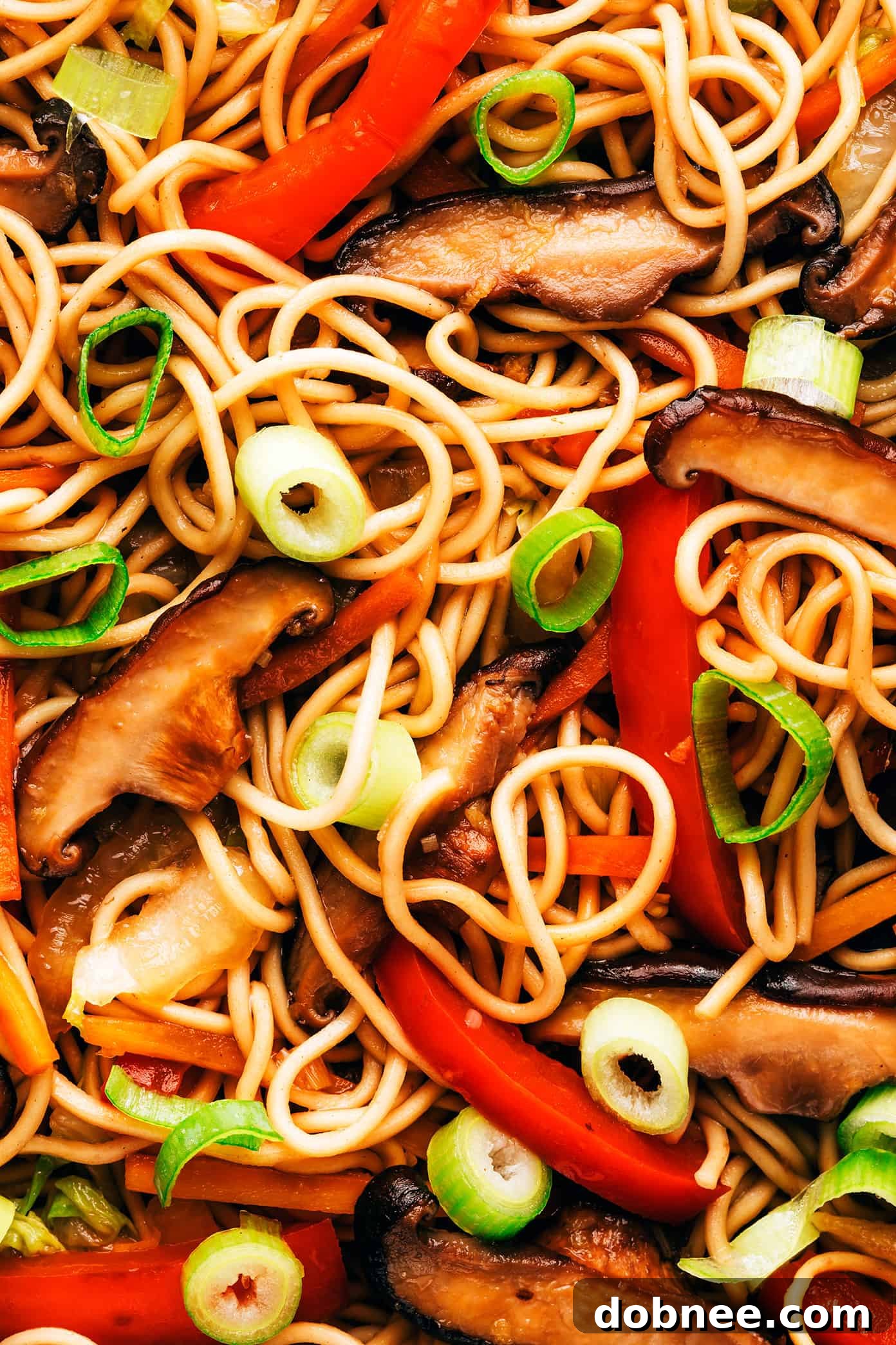Closeup of perfectly cooked chow mein noodles, glistening with sauce and mixed with vegetables.