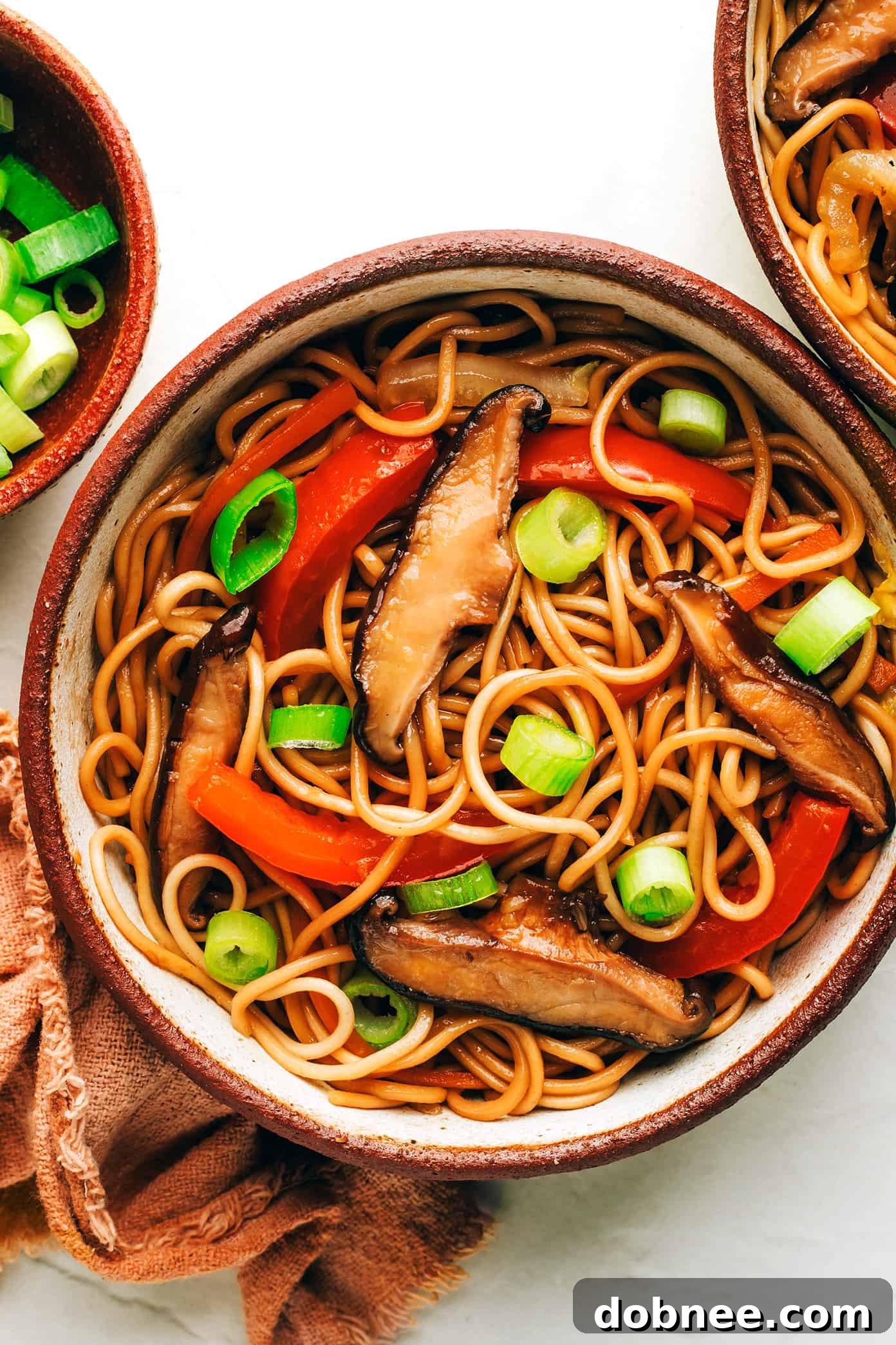 Bowl of chow mein with mushrooms, red peppers, and green onions, garnished and ready to be enjoyed.
