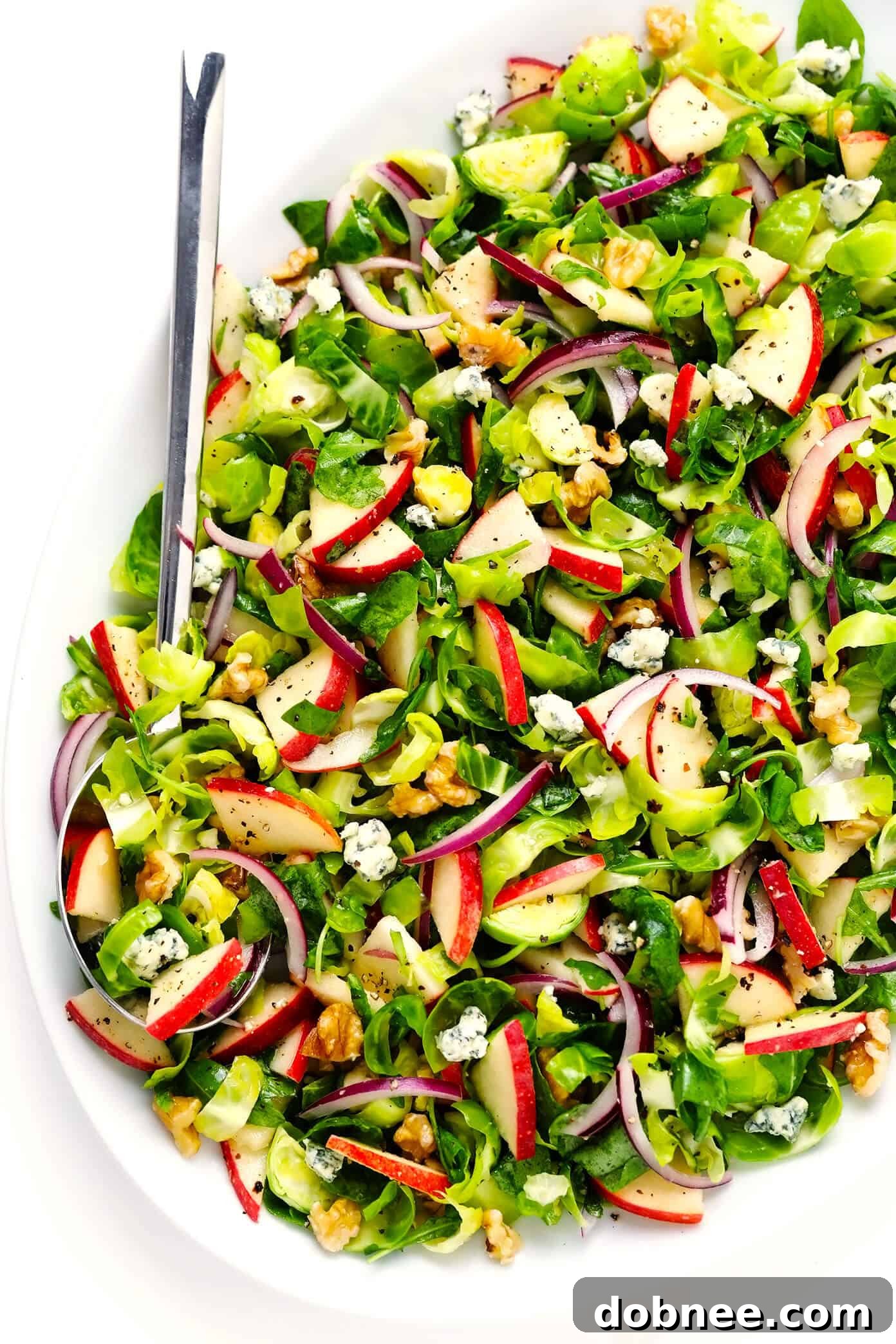Brussels Sprouts Salad with Apples, Walnuts and Blue Cheese in Serving Bowl