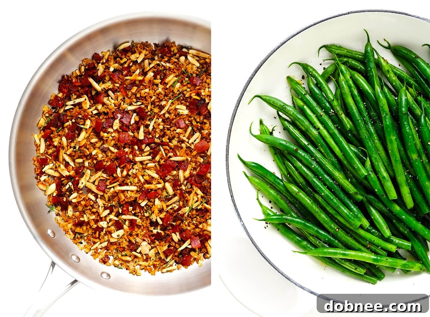 Crafting Crispy Bacon Breadcrumbs Bacon Breadcrumbs Sautéing in Pan with Steamed Green Beans