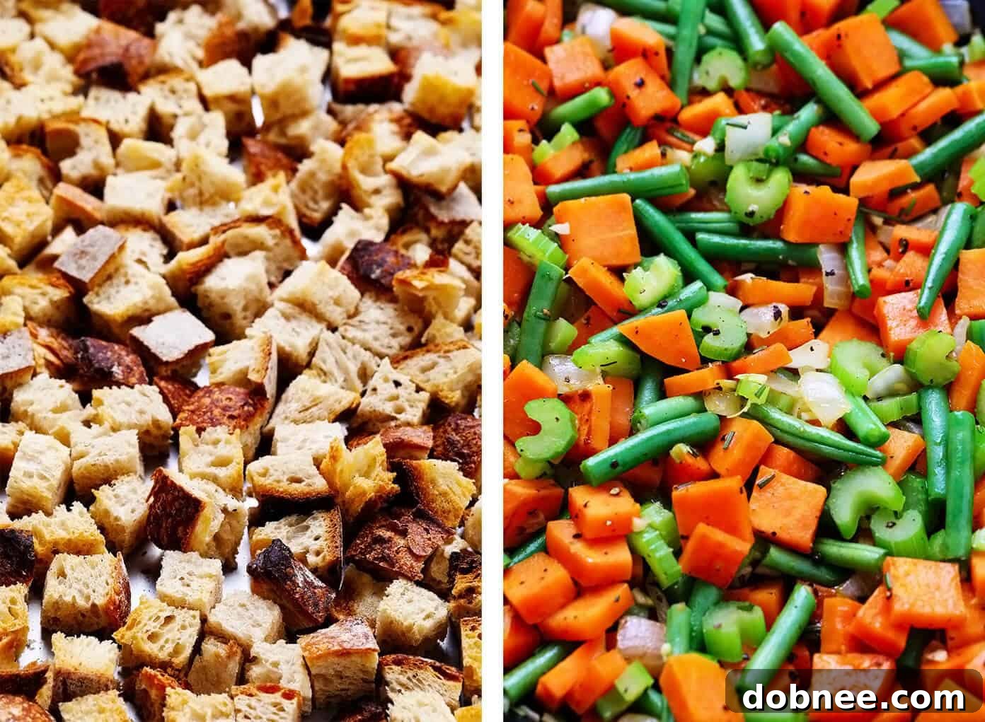Toasted Sourdough Croutons and Sautéed Thanksgiving Veggies prepared for the casserole.