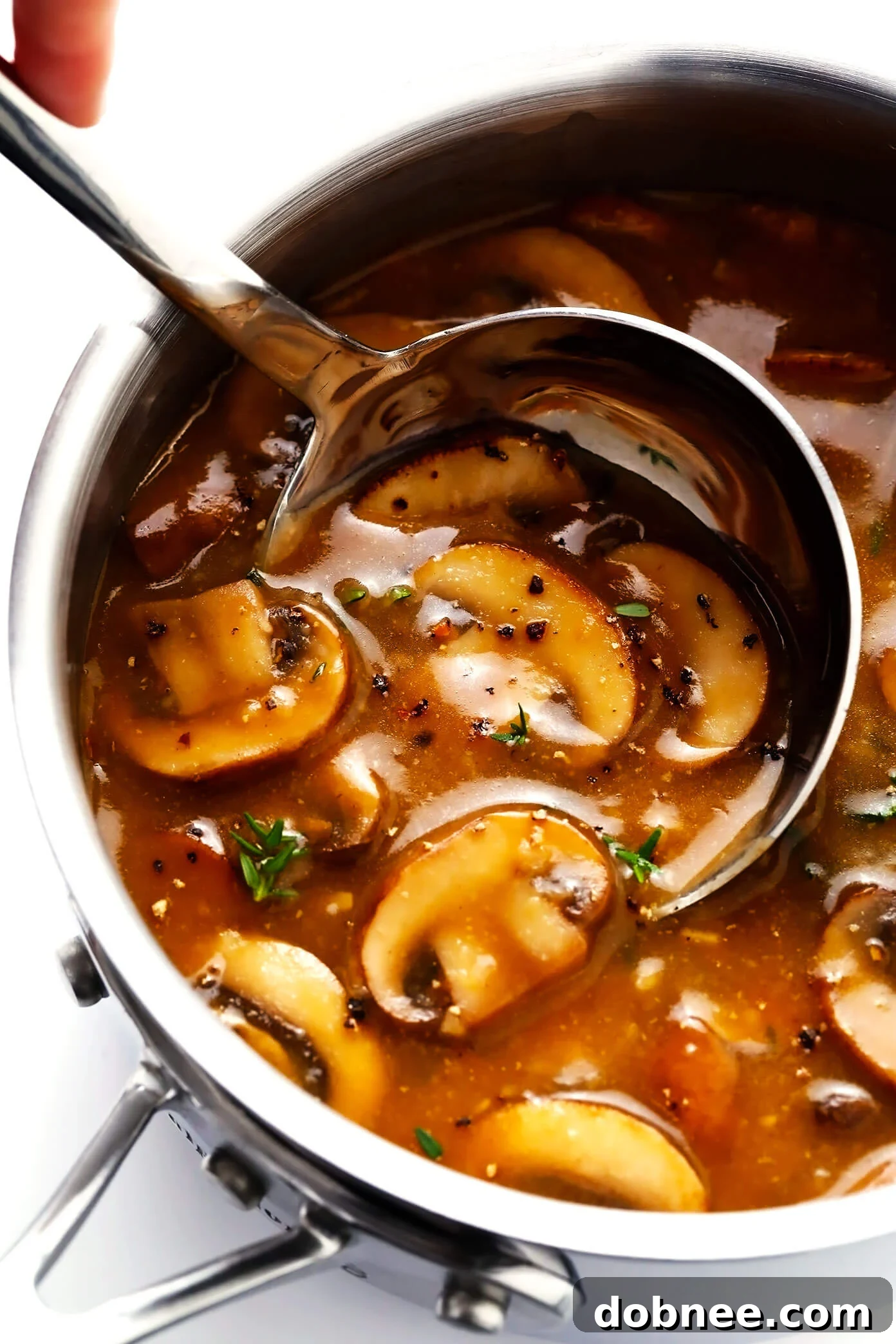 Lush, rich mushroom gravy in a saucepan, ready to be served