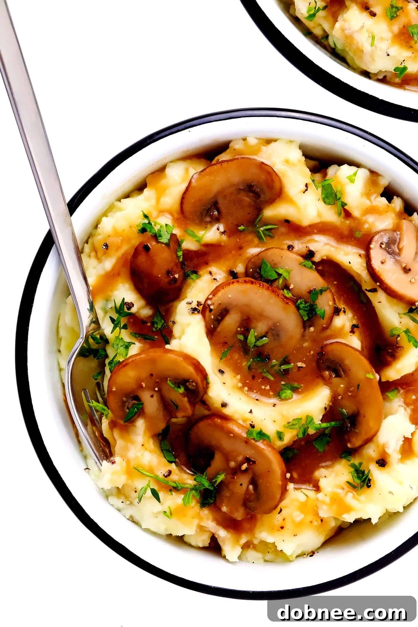 Instant Pot Mashed Potatoes in Bowls with Mushroom Gravy - Perfect Side Dish