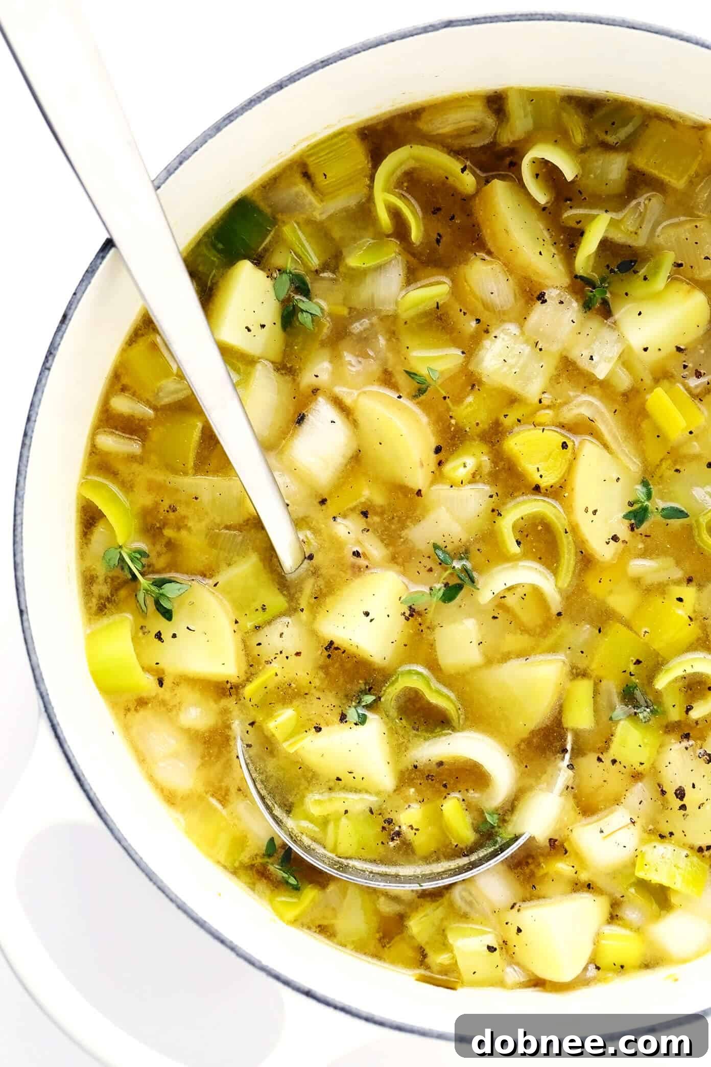 Chunky Rustic Potato Leek Soup in a bowl with croutons and fresh herbs