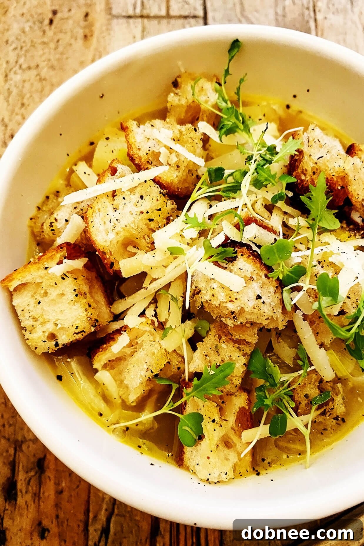 Rustic Potato Leek Soup with Croutons and Microgreens