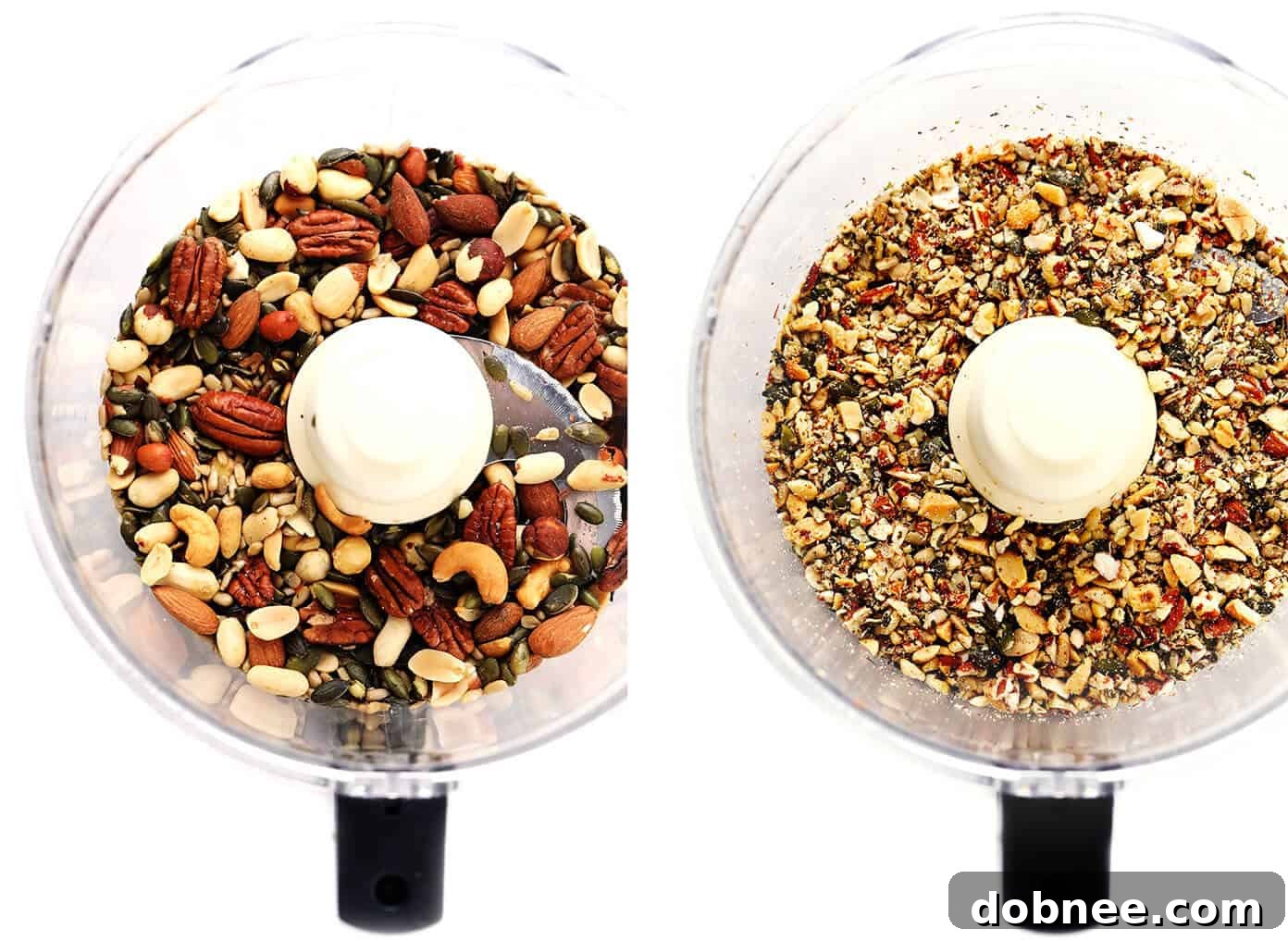 This Nut Roast recipe is packed with a deliciously sweet and savory blend of nuts, veggies, lentils, dried apricots and fresh rosemary and sage. It's easy to prep in advance, naturally gluten-free + vegetarian + vegan, and absolutely delicious served with cranberry sauce and/or gravy. Perfect for the holidays (especially Christmas, Thanksgiving or Easter) or Sunday dinner! | gimmesomeoven.com #nutroast #vegetarian #vegan #glutenfree #healthy #dinner #christmas #holiday Chopping Mixed Nuts in a Food Processor for a Hearty Nut Roast