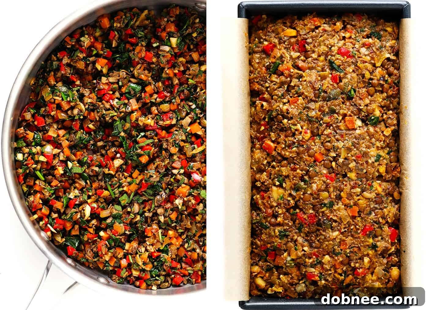 This Nut Roast recipe is packed with a deliciously sweet and savory blend of nuts, veggies, lentils, dried apricots and fresh rosemary and sage. It's easy to prep in advance, naturally gluten-free + vegetarian + vegan, and absolutely delicious served with cranberry sauce and/or gravy. Perfect for the holidays (especially Christmas, Thanksgiving or Easter) or Sunday dinner! | gimmesomeoven.com #nutroast #vegetarian #vegan #glutenfree #healthy #dinner #christmas #holiday How To Make Nut Roast -- Sautéing the Veggies and Pressing Them Into a Bread Pan