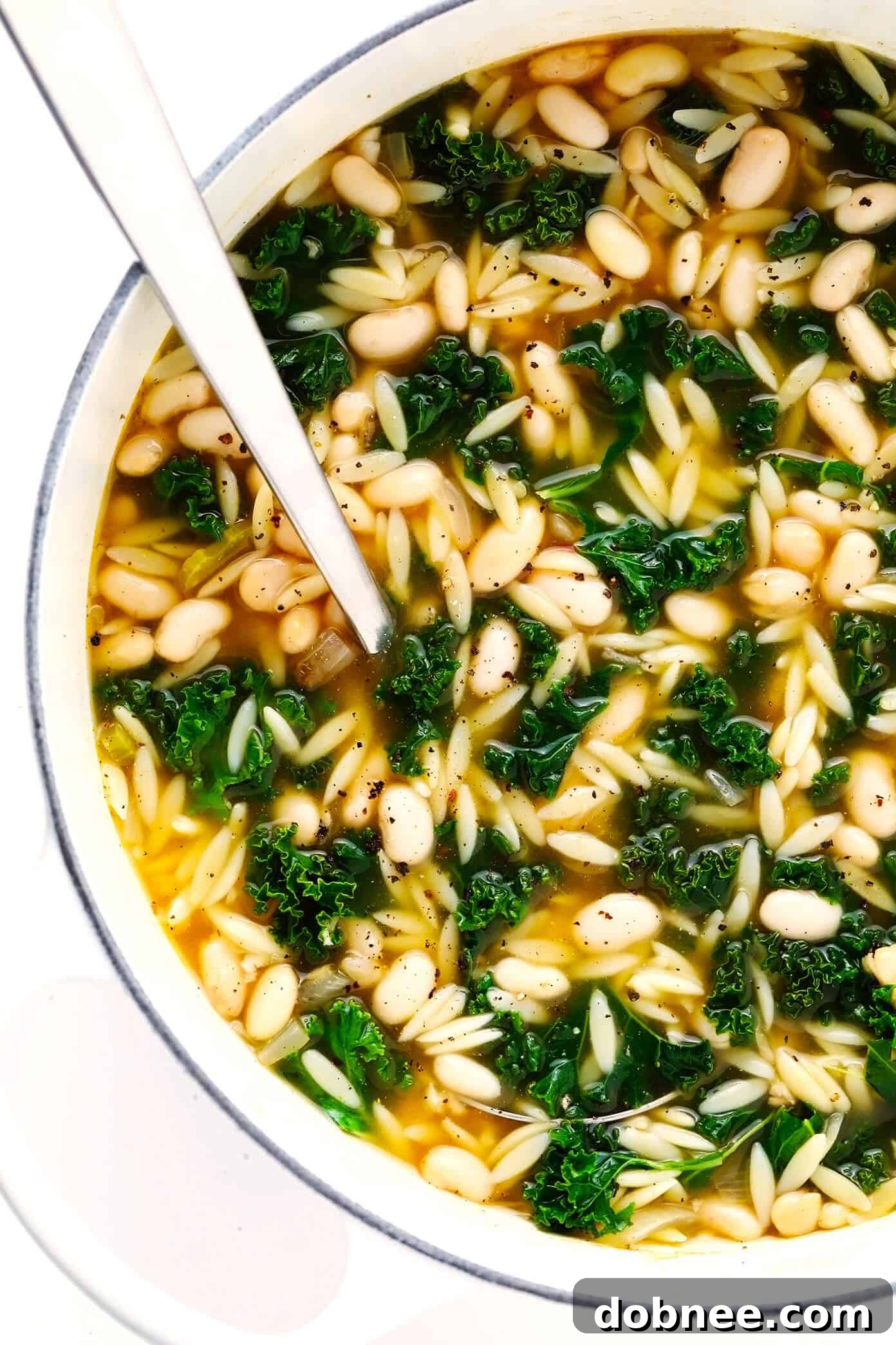 A large bowl of steaming Kale, White Bean, and Orzo Soup garnished with fresh Parmesan cheese and a sprig of rosemary.