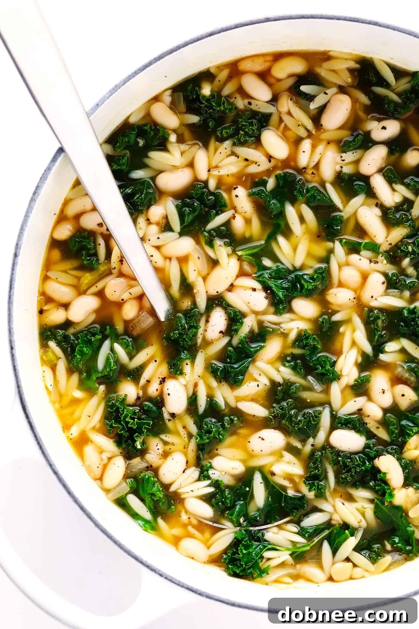 A large stockpot filled with Kale, White Bean, and Orzo Soup simmering on the stove, ready to be served.