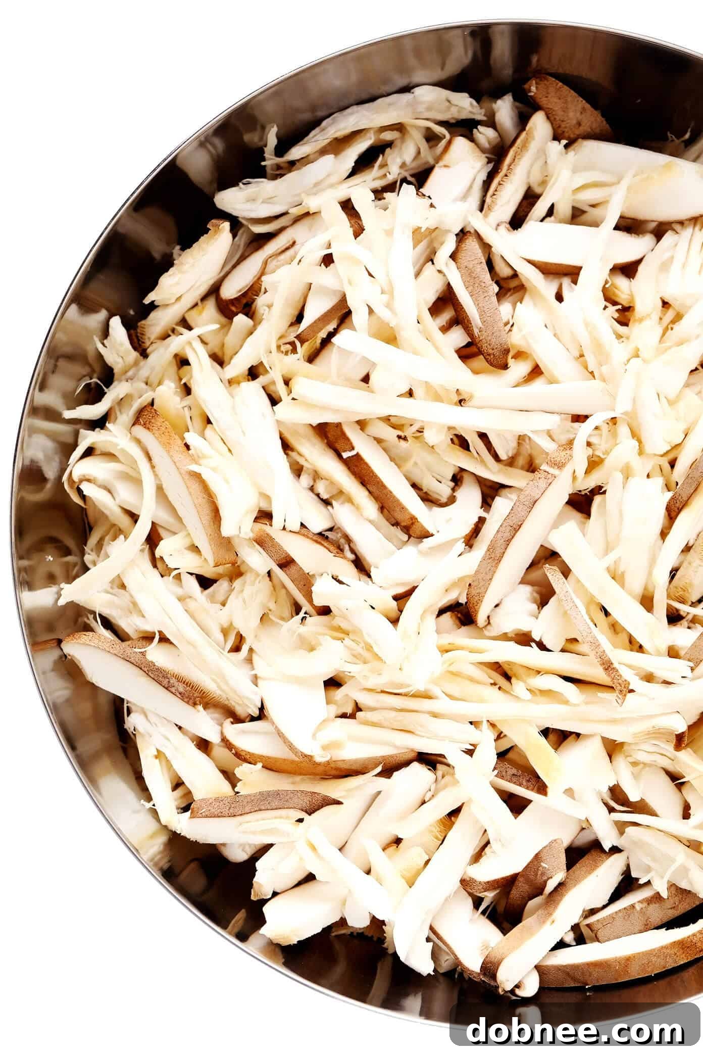 Bowl of Shredded King Oyster Mushrooms