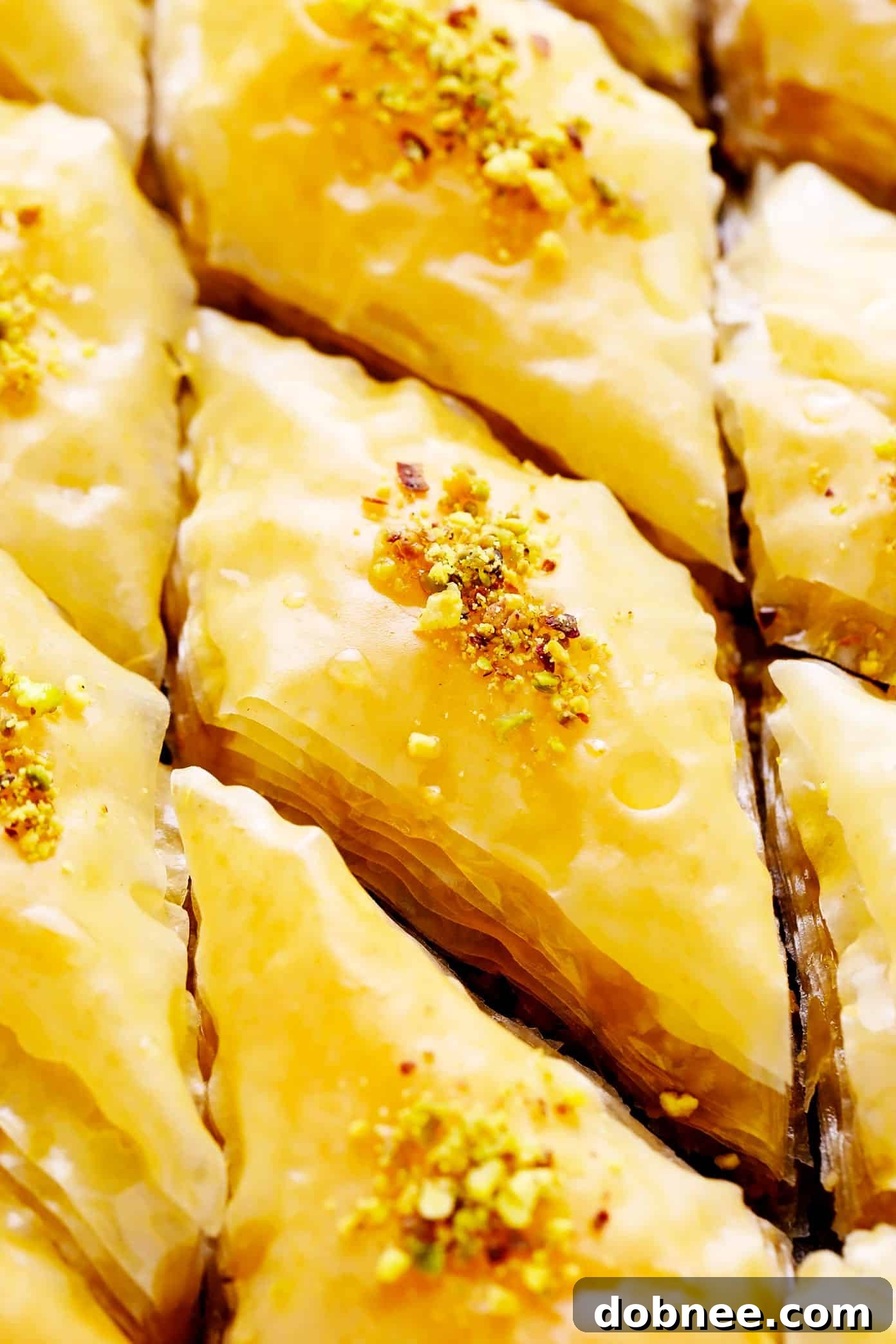 Closeup of meticulously layered walnut and pistachio baklava