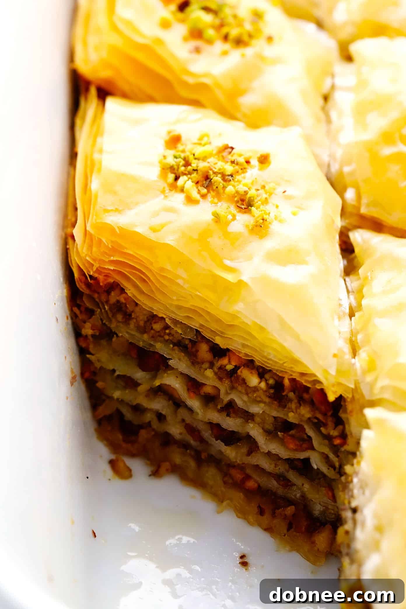 Closeup of perfectly golden and flaky pistachio and walnut baklava