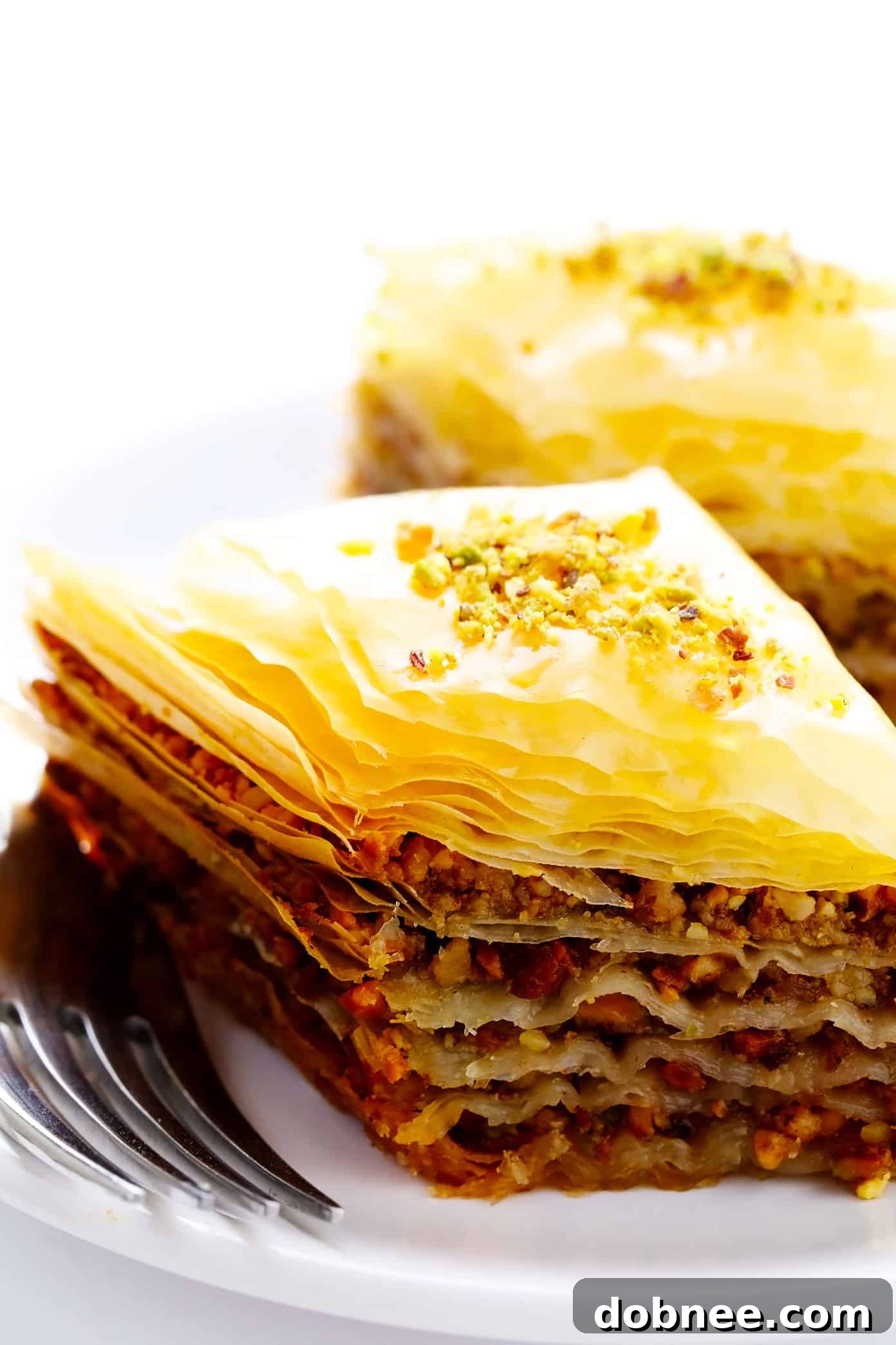 Individual pieces of golden, honey-soaked baklava ready to serve
