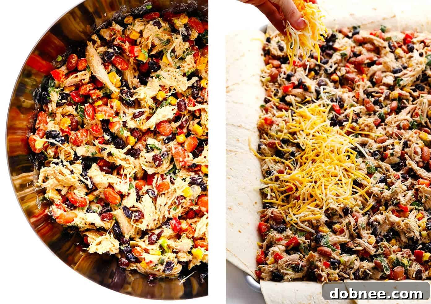 Visual guide showing how to layer tortillas with chicken filling and cheese on a sheet pan for the quesadilla recipe.