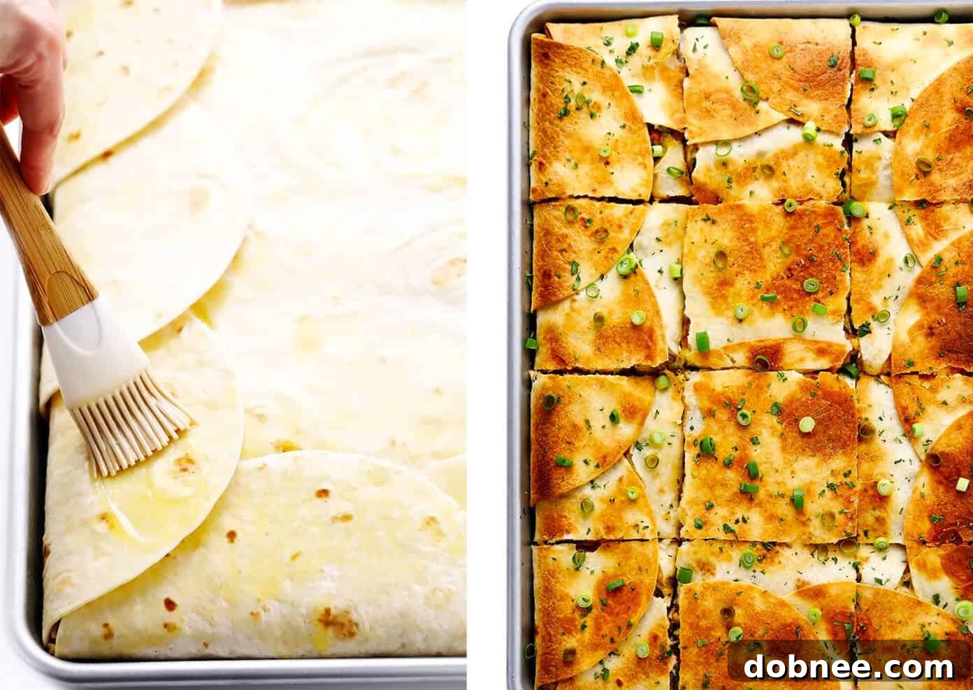A sheet pan quesadilla being brushed with melted butter before baking, showcasing the layered tortillas.