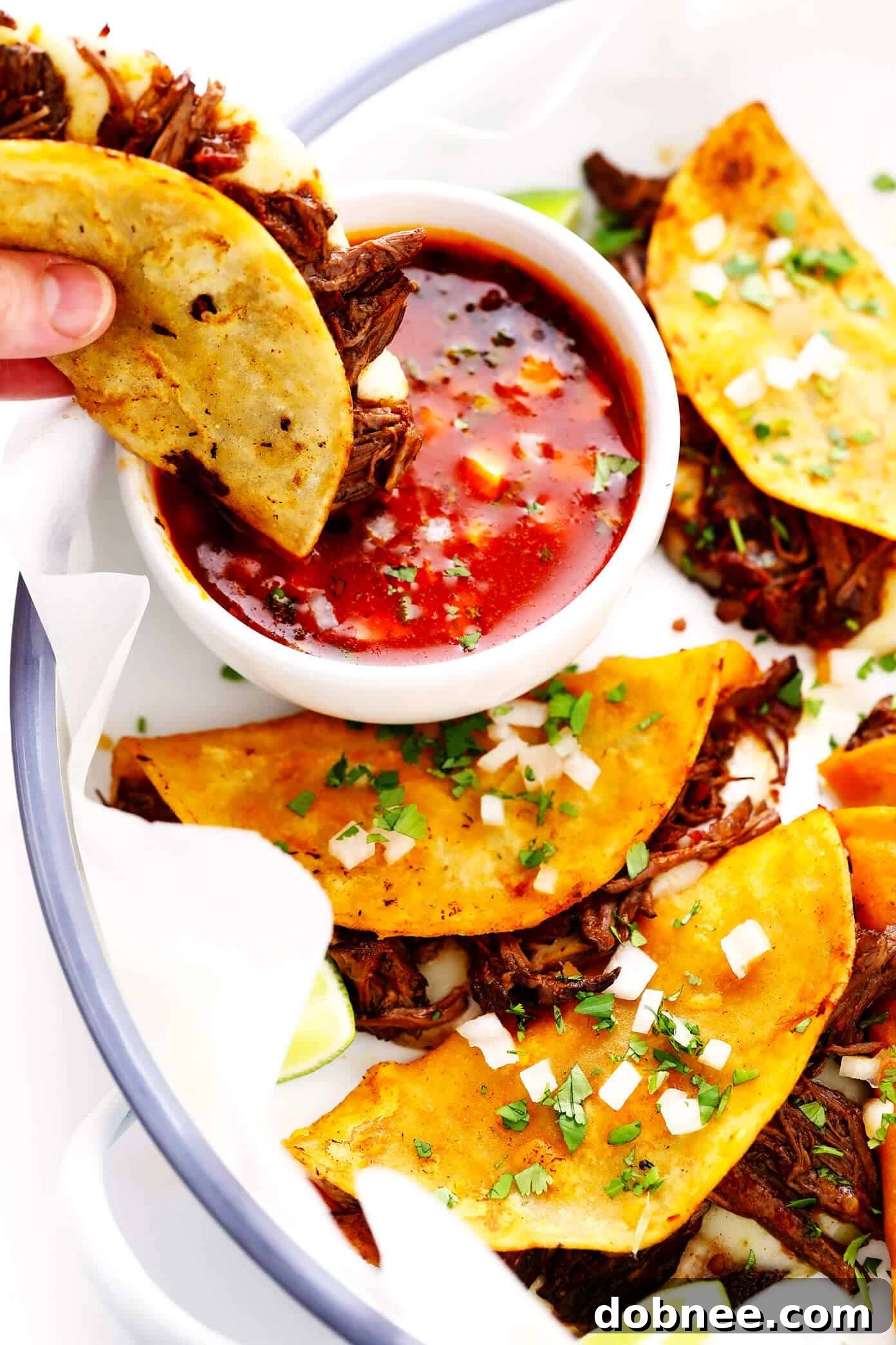 Crispy Birria Tacos served with a side of rich birria dipping broth and lime wedges.