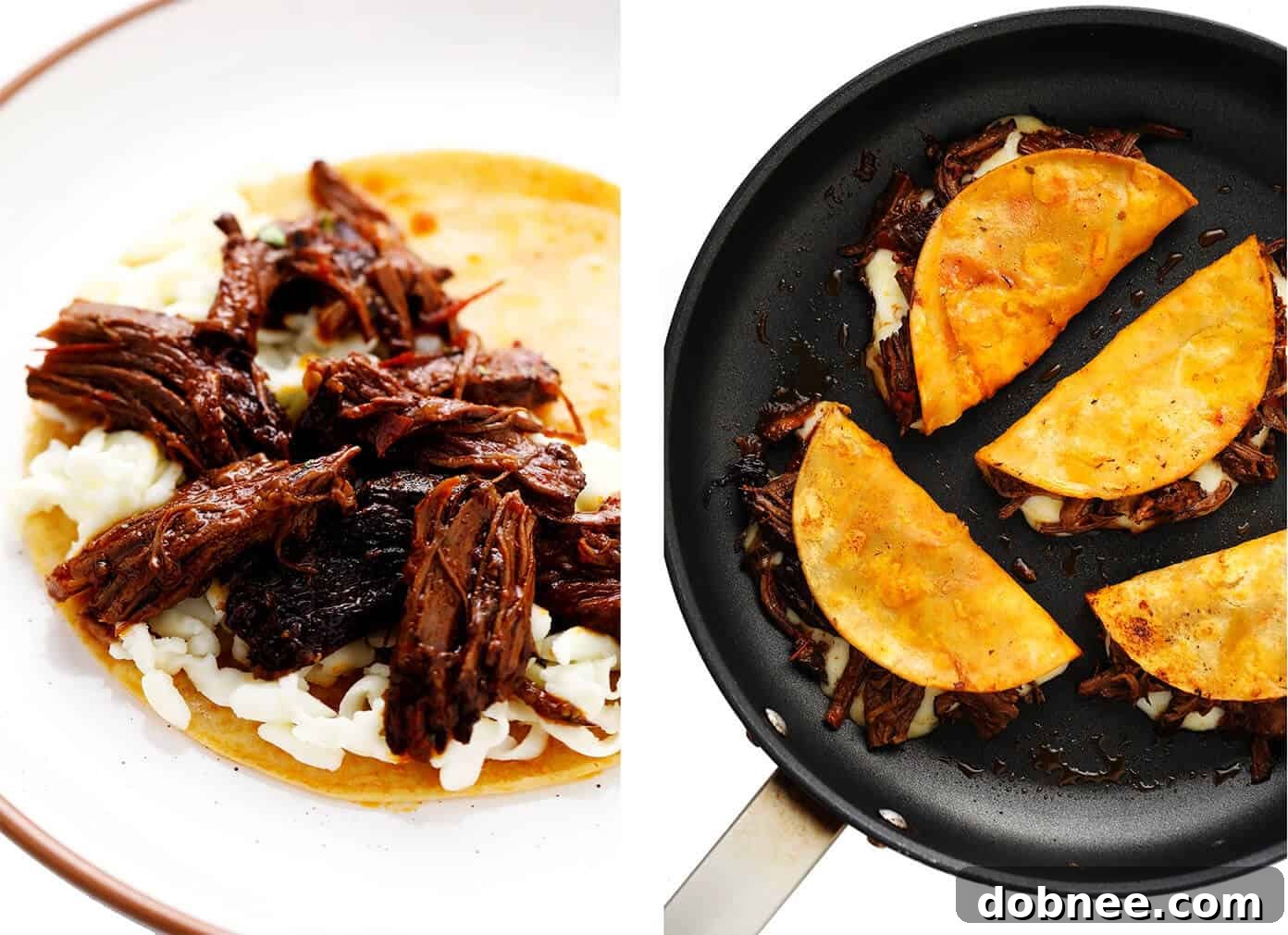 Step-by-step assembly of birria tacos, showing tortillas being dipped, filled, and folded.