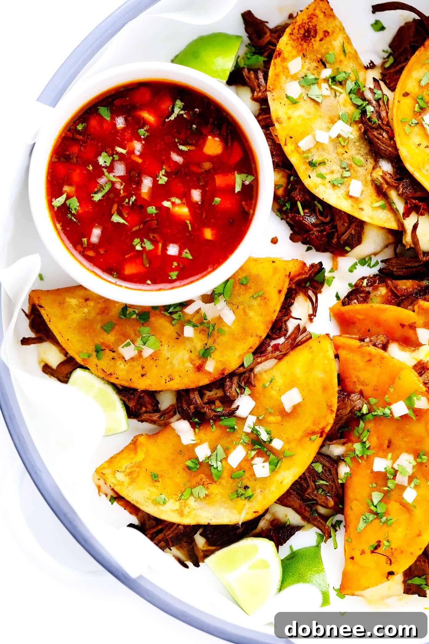 Finished Birria Tacos plated beautifully, ready for serving with dipping broth.