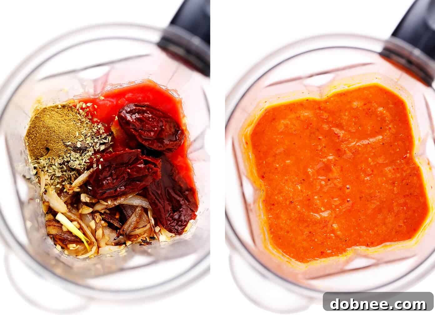 Authentic Mexican Chicken Tinga 4 Preparing Chicken Tinga sauce in a blender for a smooth consistency.