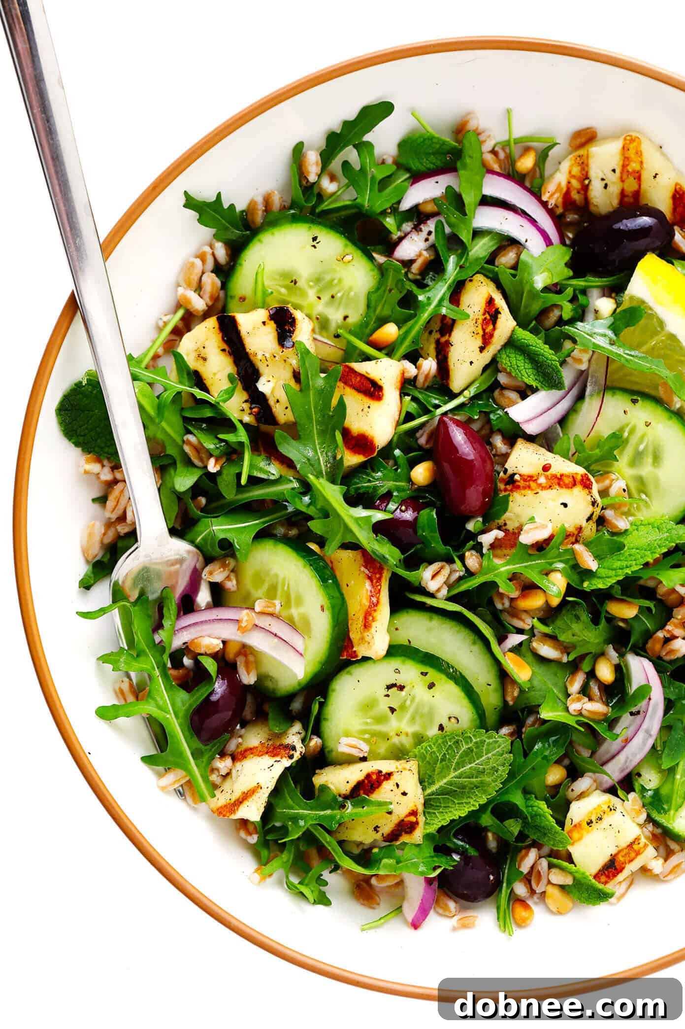 Grilled Halloumi Salad - A vibrant Mediterranean dish with grilled halloumi, farro, fresh vegetables, and lemon dressing.