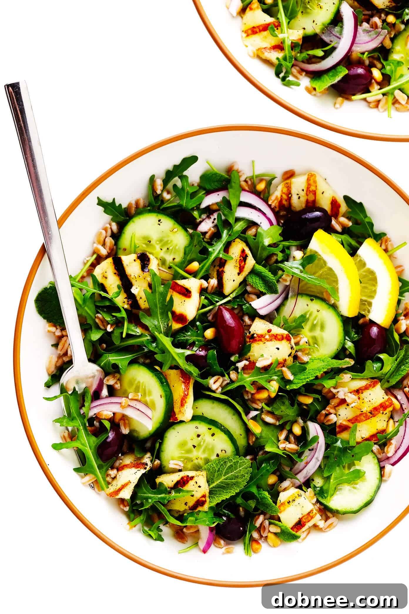 Grilled Halloumi Salad in Serving Bowls - Two individual servings of the Mediterranean halloumi salad.