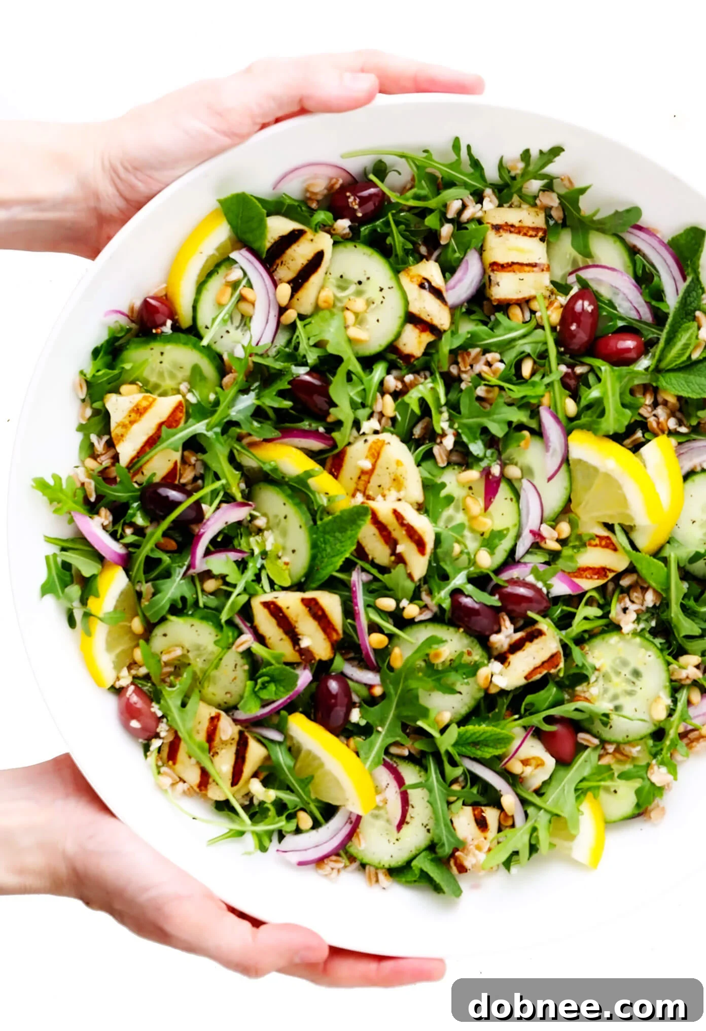 Grilled Halloumi Salad in Large Serving Bowl - A vibrant, hearty Mediterranean salad ready to be served.