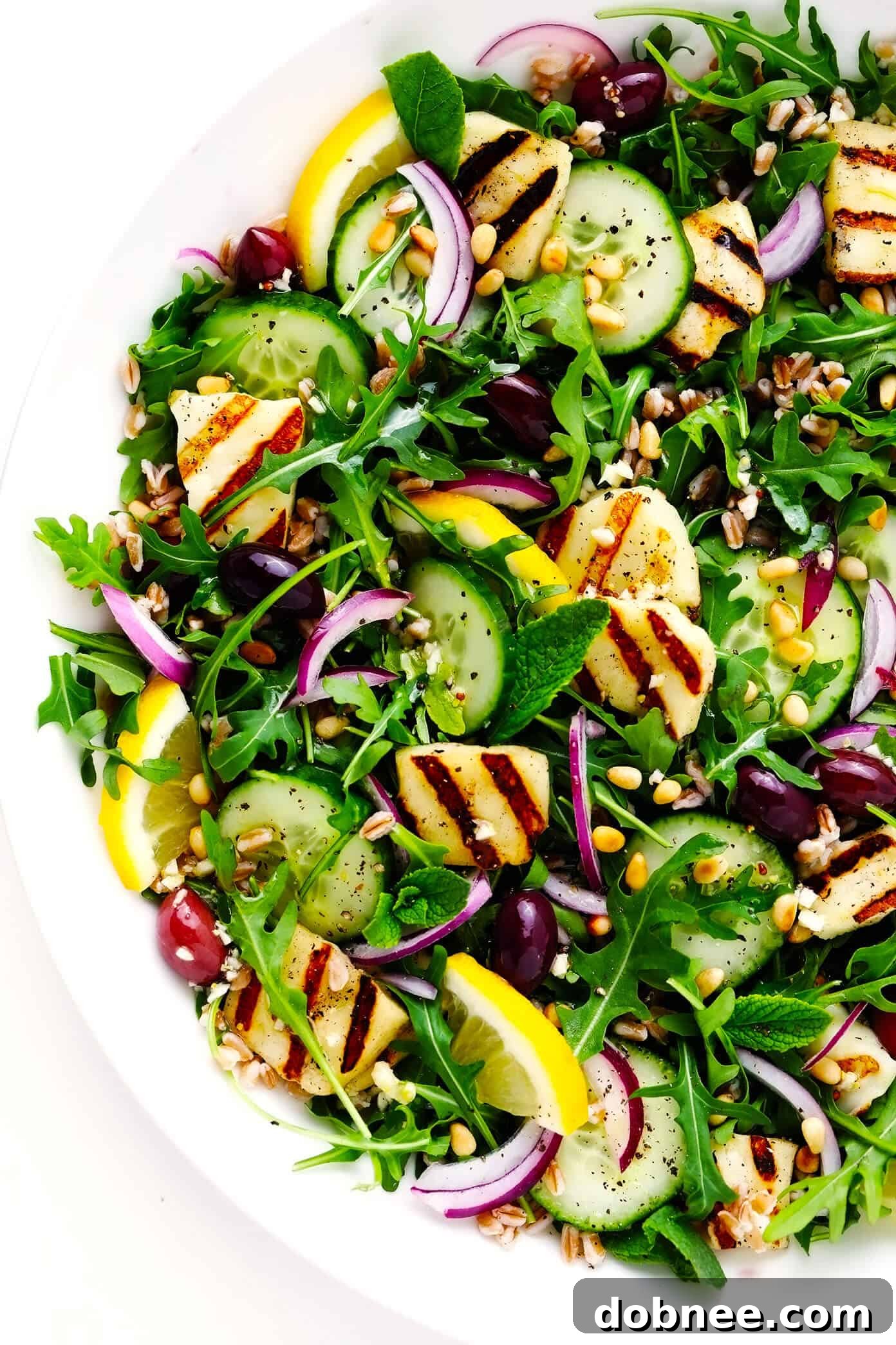 Grilled Halloumi Salad in Bowl - A beautifully arranged serving of Mediterranean grilled halloumi salad.