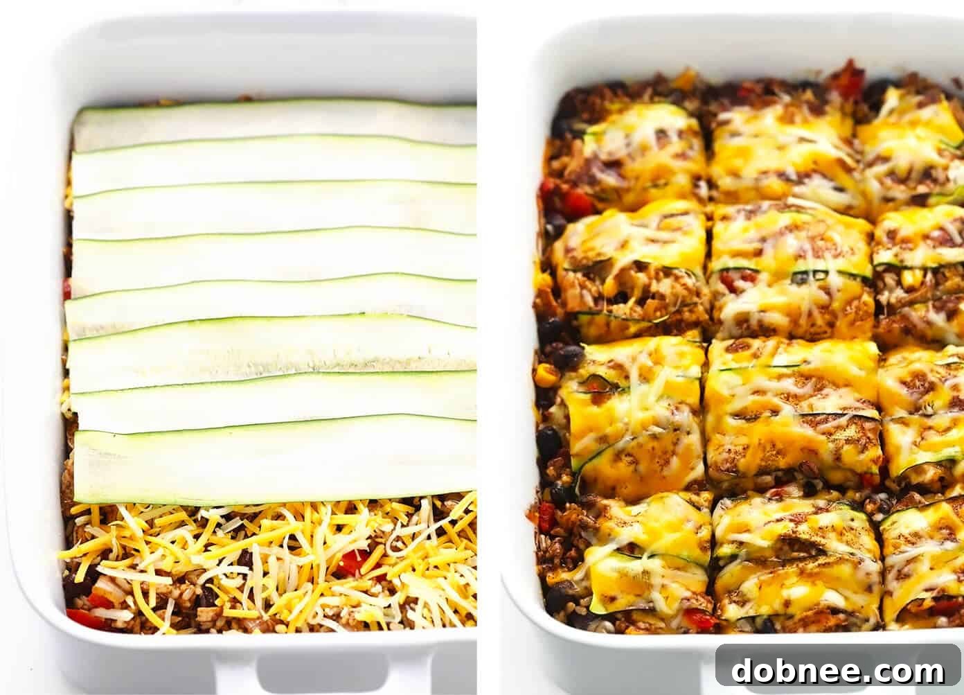Step-by-step visual guide to layering the Zucchini Enchilada Casserole in a baking dish