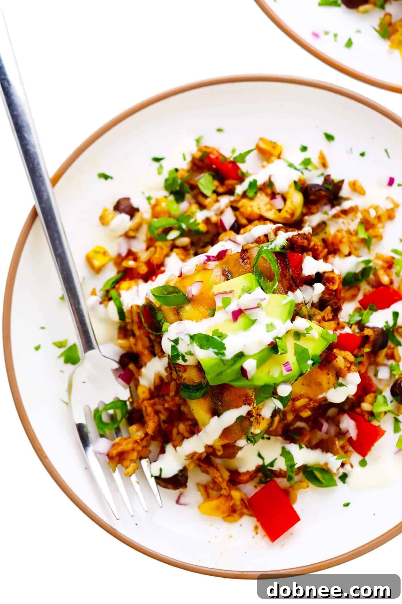 A perfectly portioned slice of Zucchini Enchilada Casserole on a plate, garnished with fresh cilantro and avocado