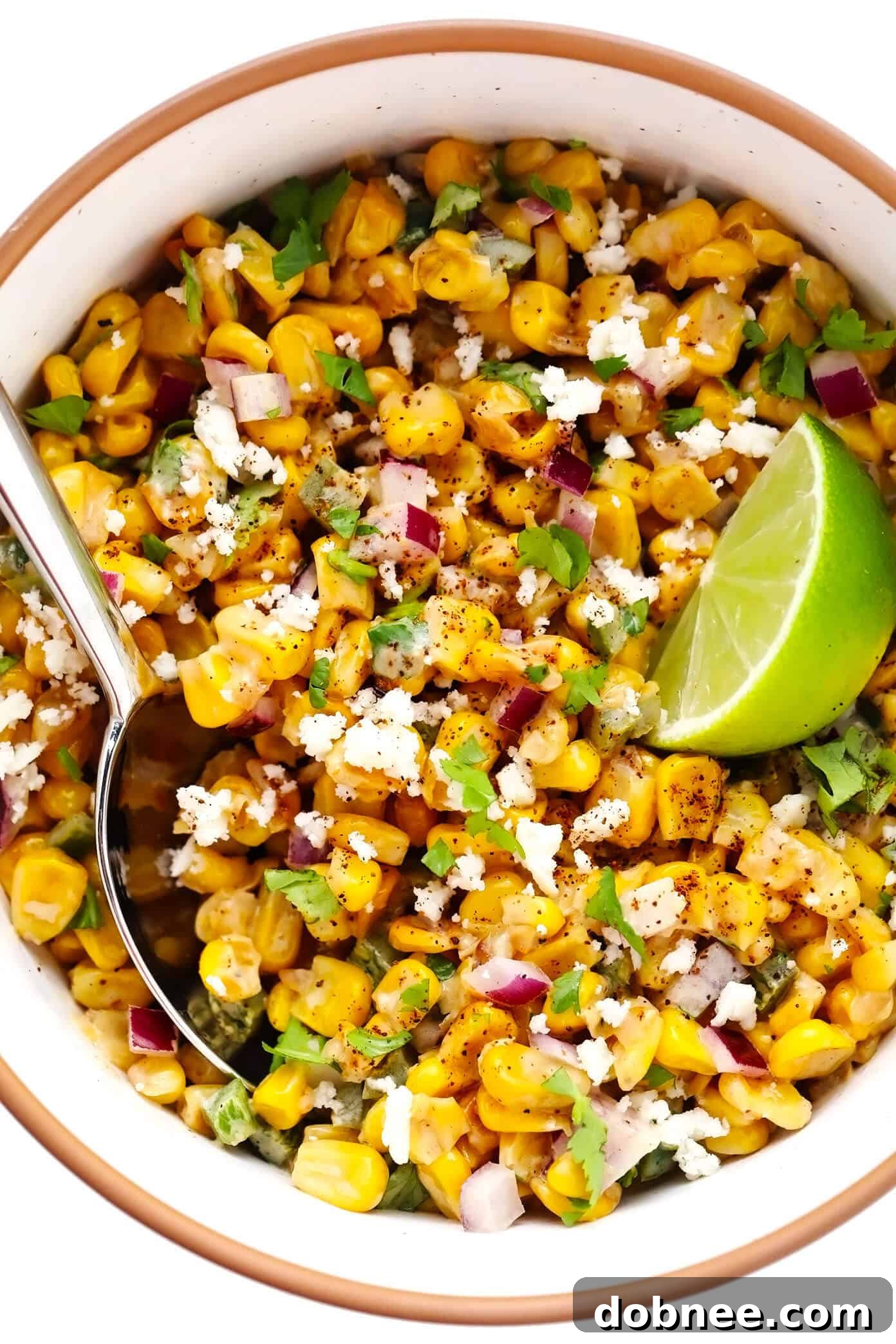 Esquites (Mexican Creamy Corn Salsa Dip) in Bowl, showcasing the vibrant ingredients