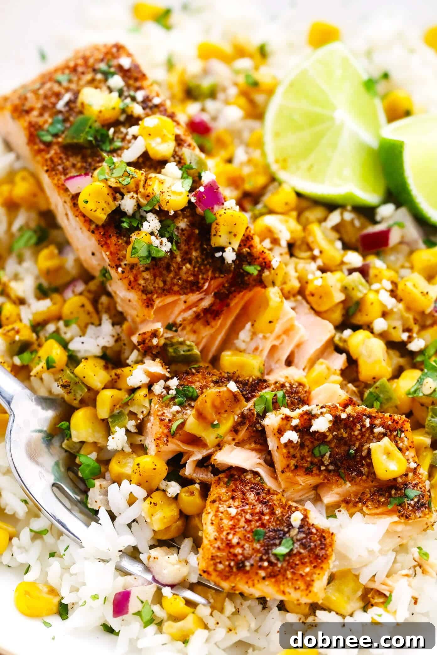 Chili Lime Salmon with Esquites Closeup, highlighting the texture and freshness