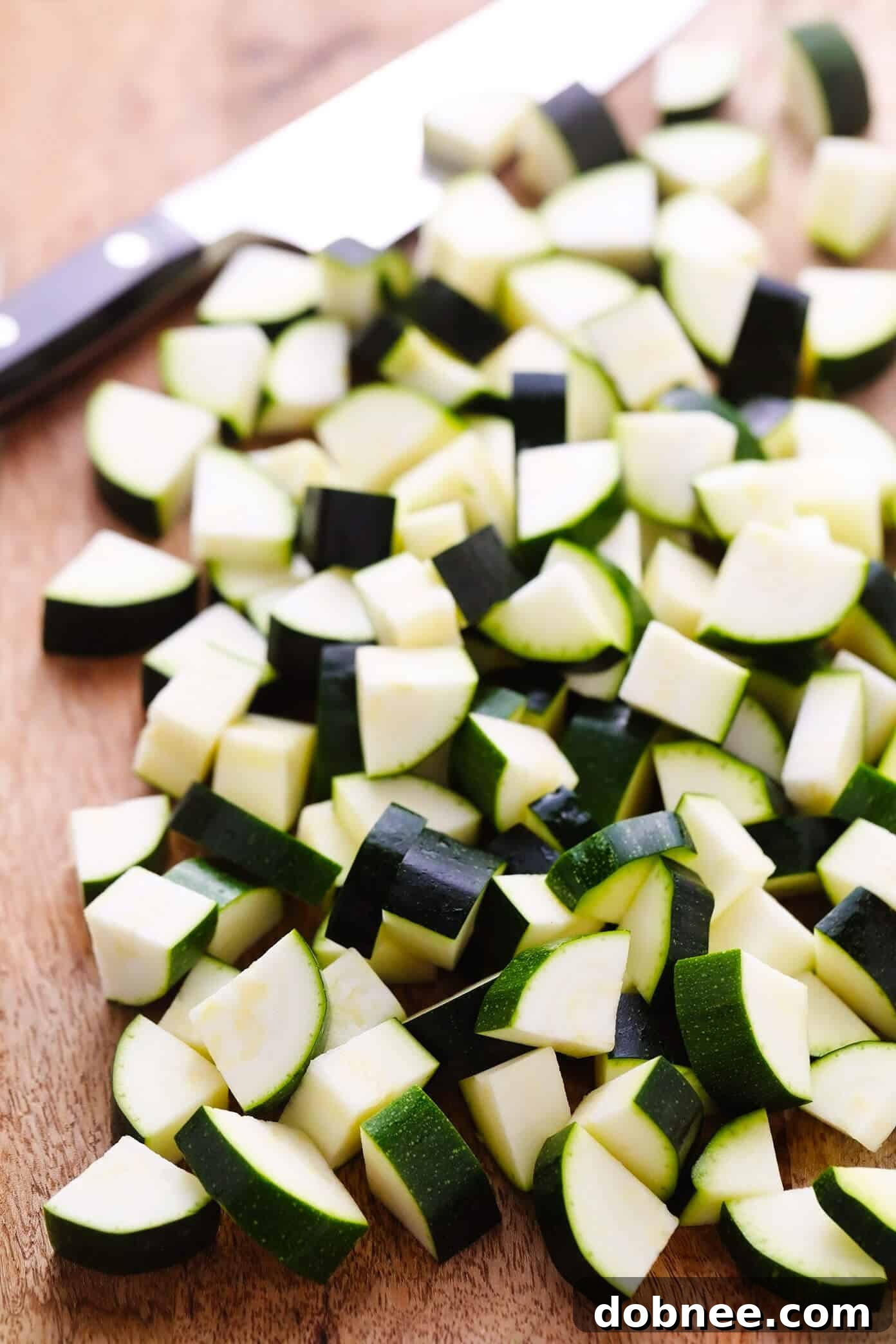 Freshly diced zucchini, ready for cooking
