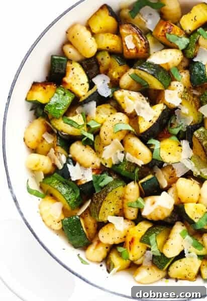 Lemon Basil Gnocchi with Zucchini in a white serving bowl