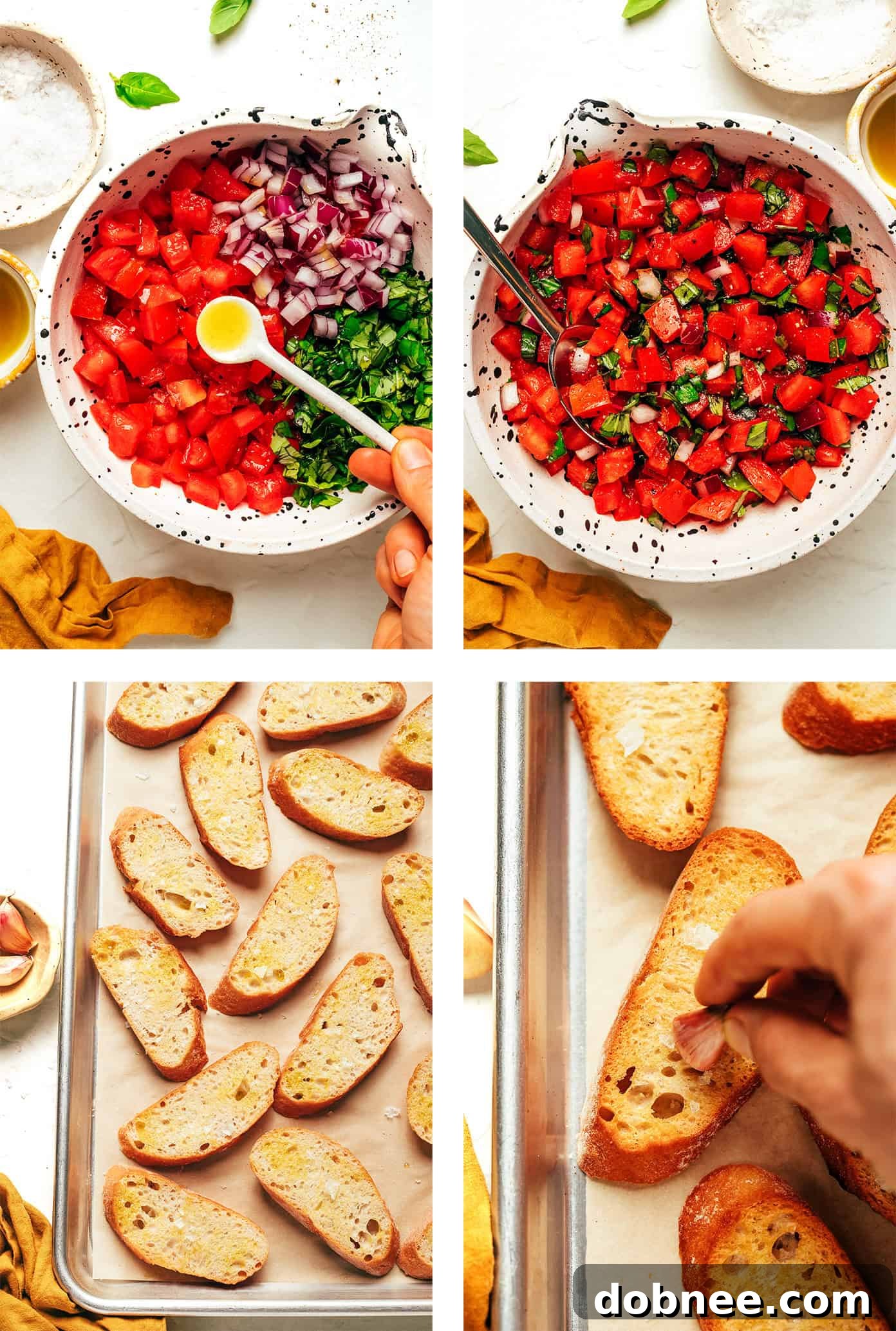 Hands rubbing garlic on toasted bread slices, preparing bruschetta base