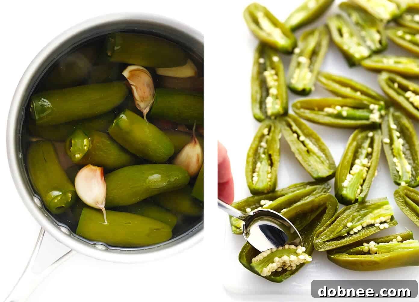 Boiling and coring jalapeños to make salsa