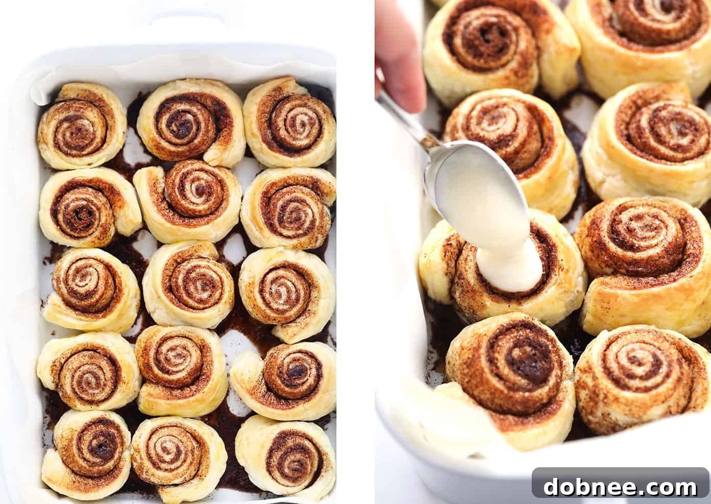 Spreading Cream Cheese Frosting on Warm Puff Pastry Cinnamon Buns