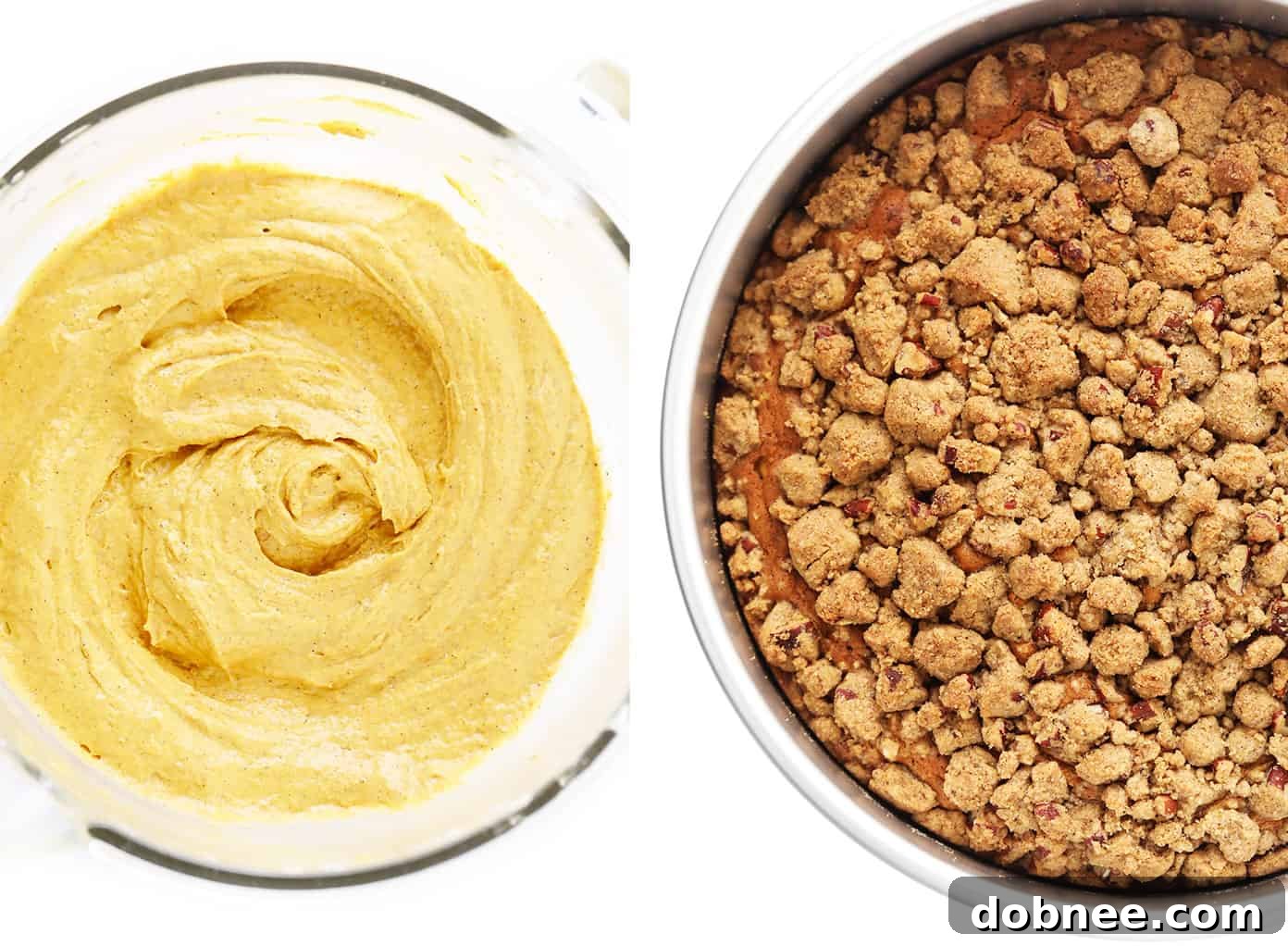 Pumpkin coffee cake batter in pan