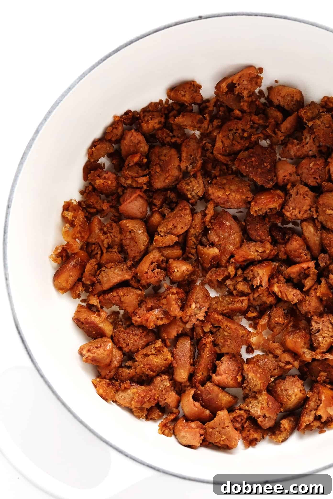 Crumbled Beyond Sausage, perfect for plant-based creamy sweet potato and sausage soup.