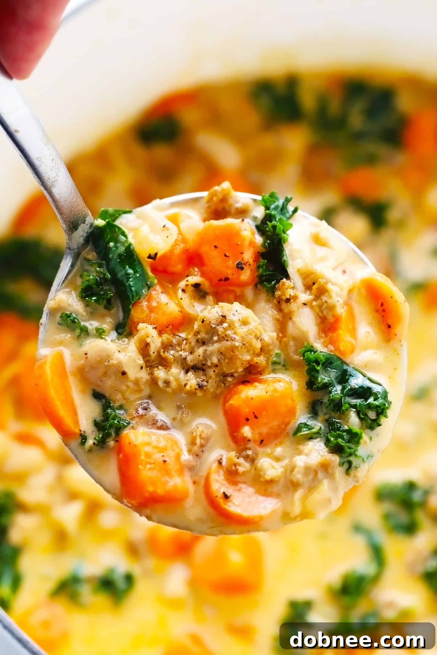 Ladle of creamy sweet potato and sausage soup, showcasing its rich texture and vibrant ingredients.