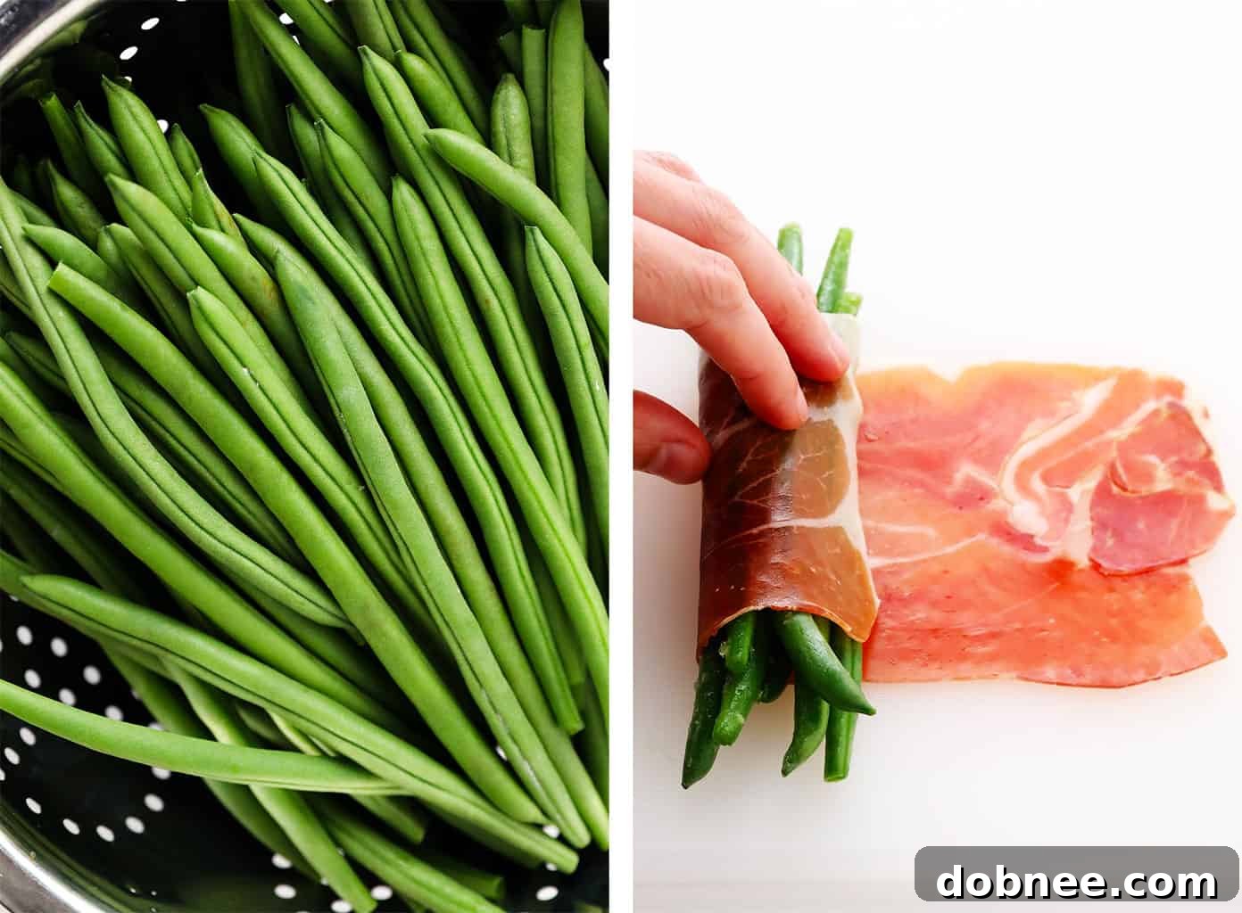 Fresh haricot vert green beans, followed by rolling green beans in prosciutto
